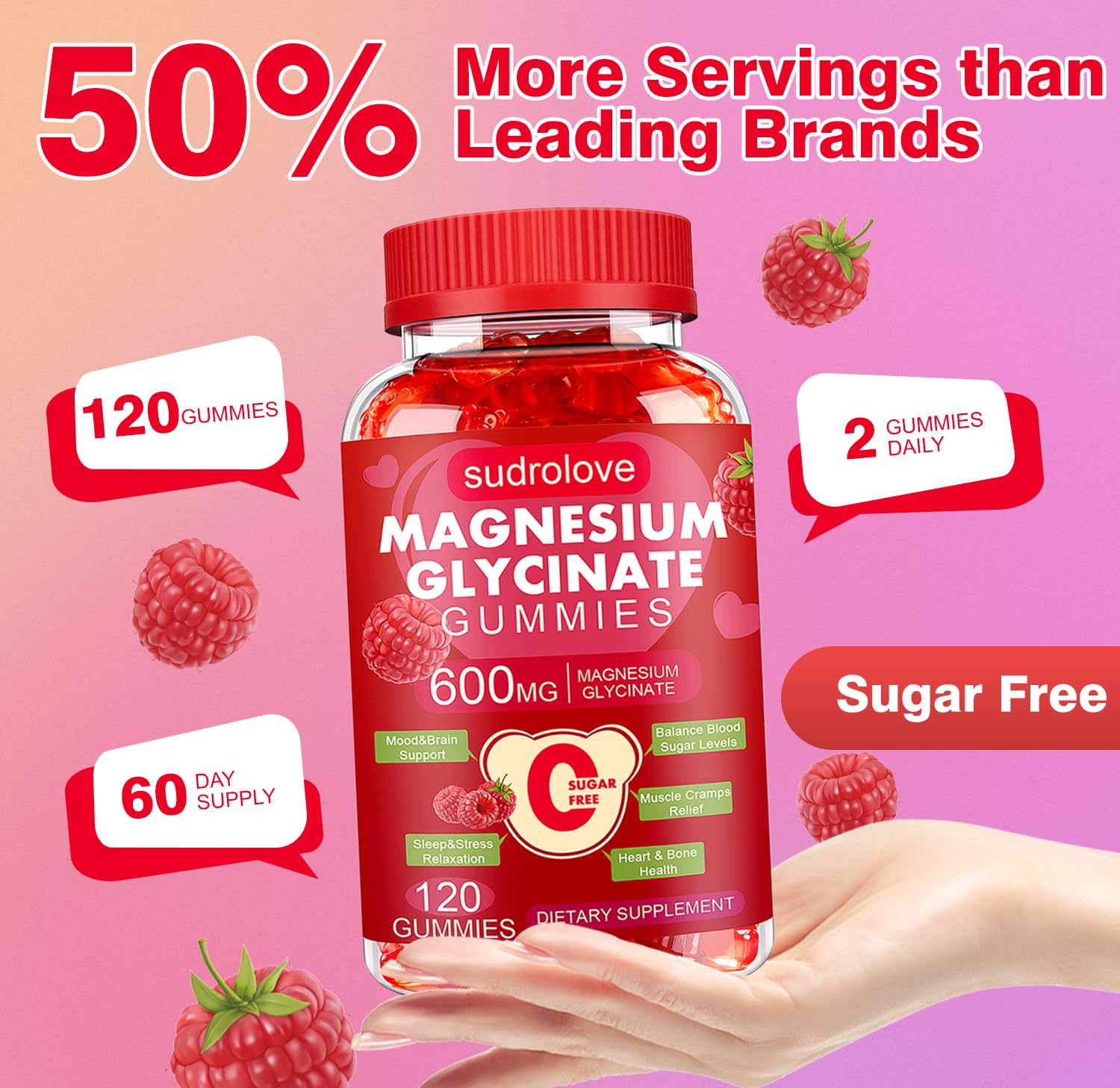 Sudrolove gommes magnésium-framboise – mélange vitamines D et B6 pour soutenir l'énergie.