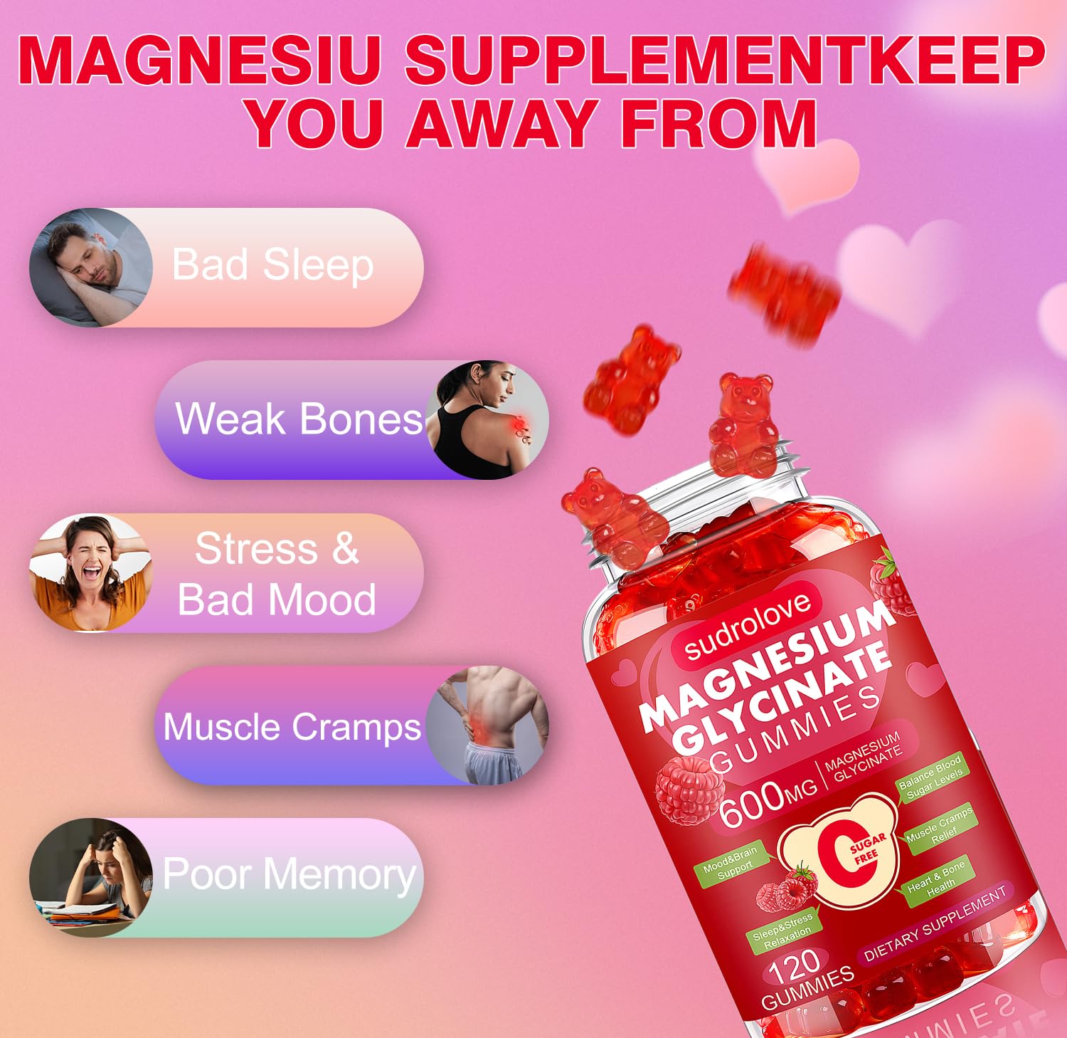 Sudrolove gommes magnésium-framboise – emportables pour le quotidien et le sommeil.
