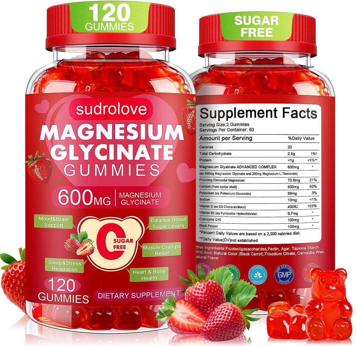 Gommes sudrolove magnesium 600mg en bouteille, soutien potentiel au calme et au sommeil.