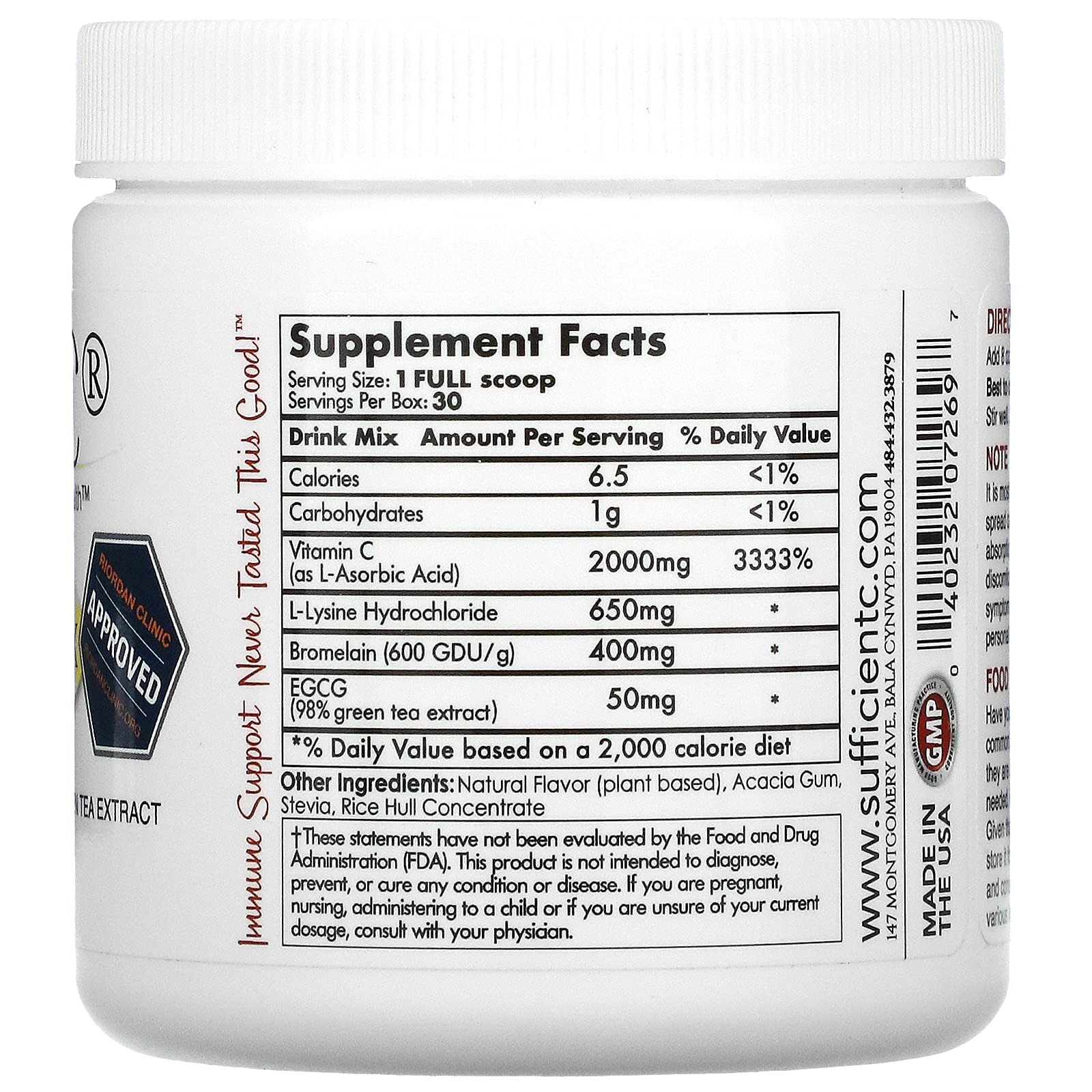 Sufficient-C: ingrédients clés L-lysine, bromélaïne et thé vert sans caféine.