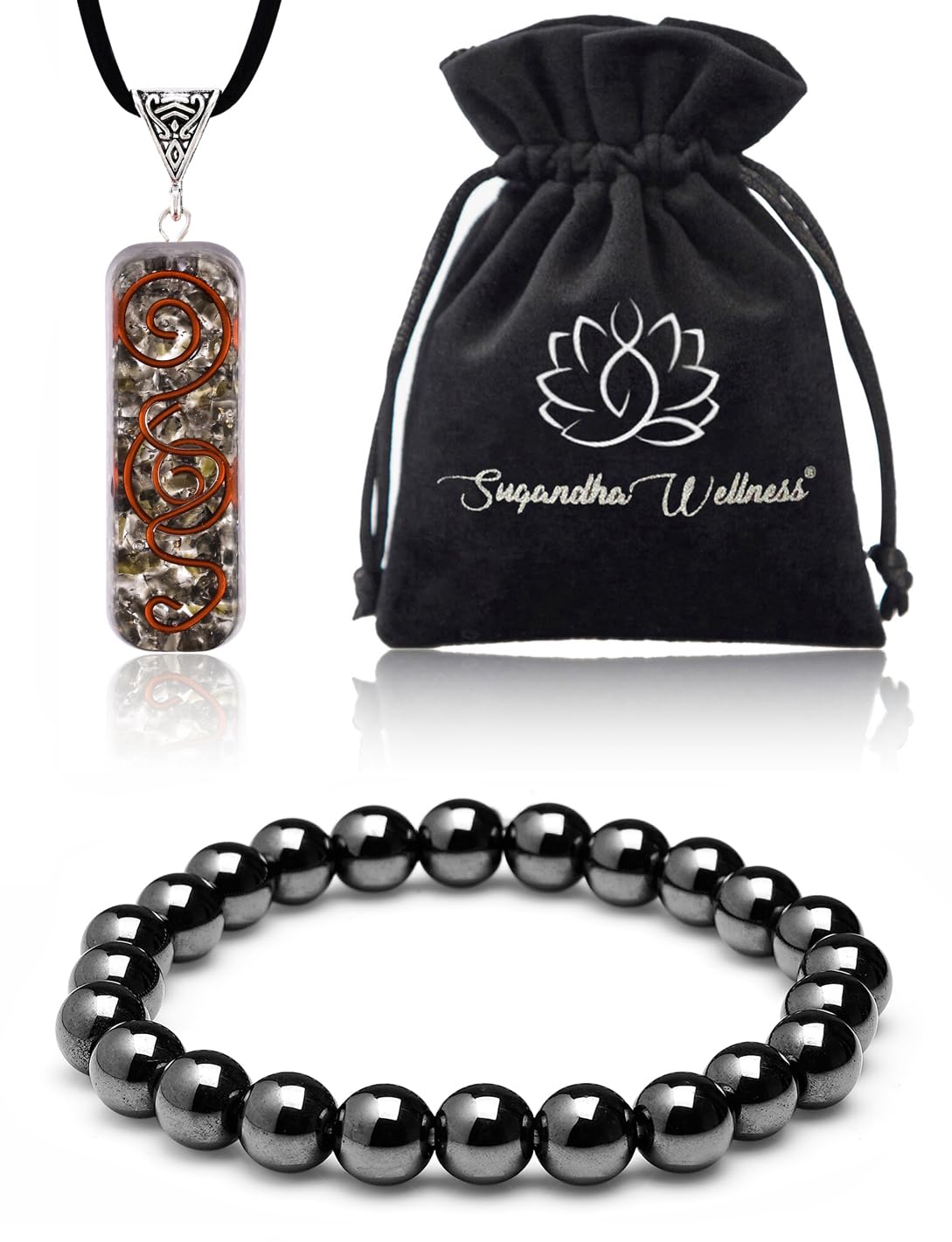 Pendentif orgonite hématite Sugandha Wellness, protection et concentration au quotidien.