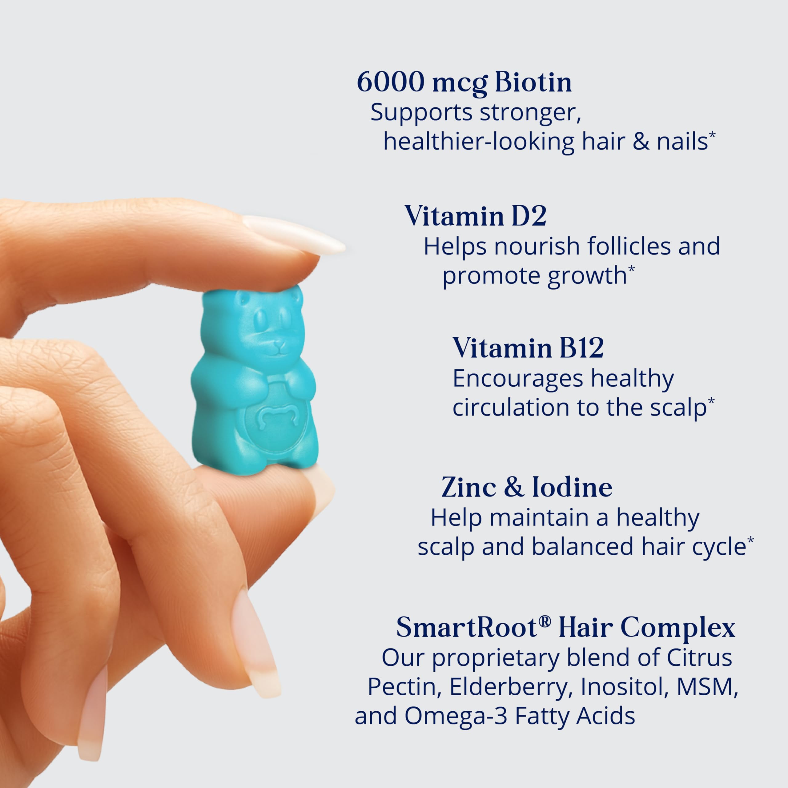 SugarBearHair SugarBearPro: complexe SmartRoot avec sureau et inositol, ingrédients végétaux.
