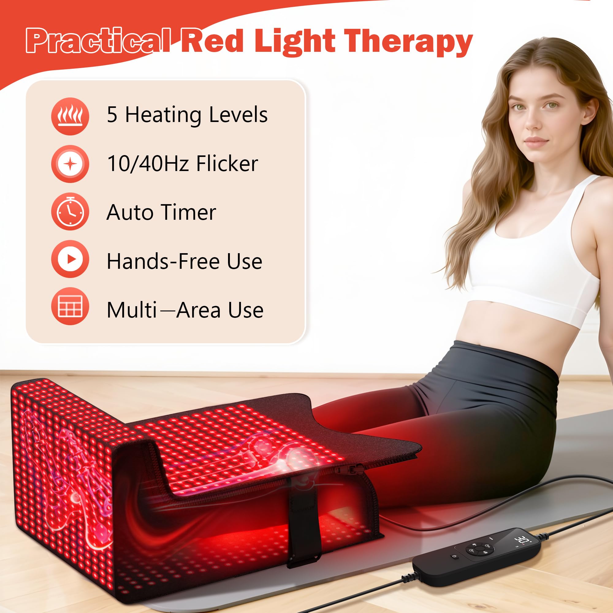 Suhzf lumière rouge sur les jambes, chaleur apaisante et confort ciblé.