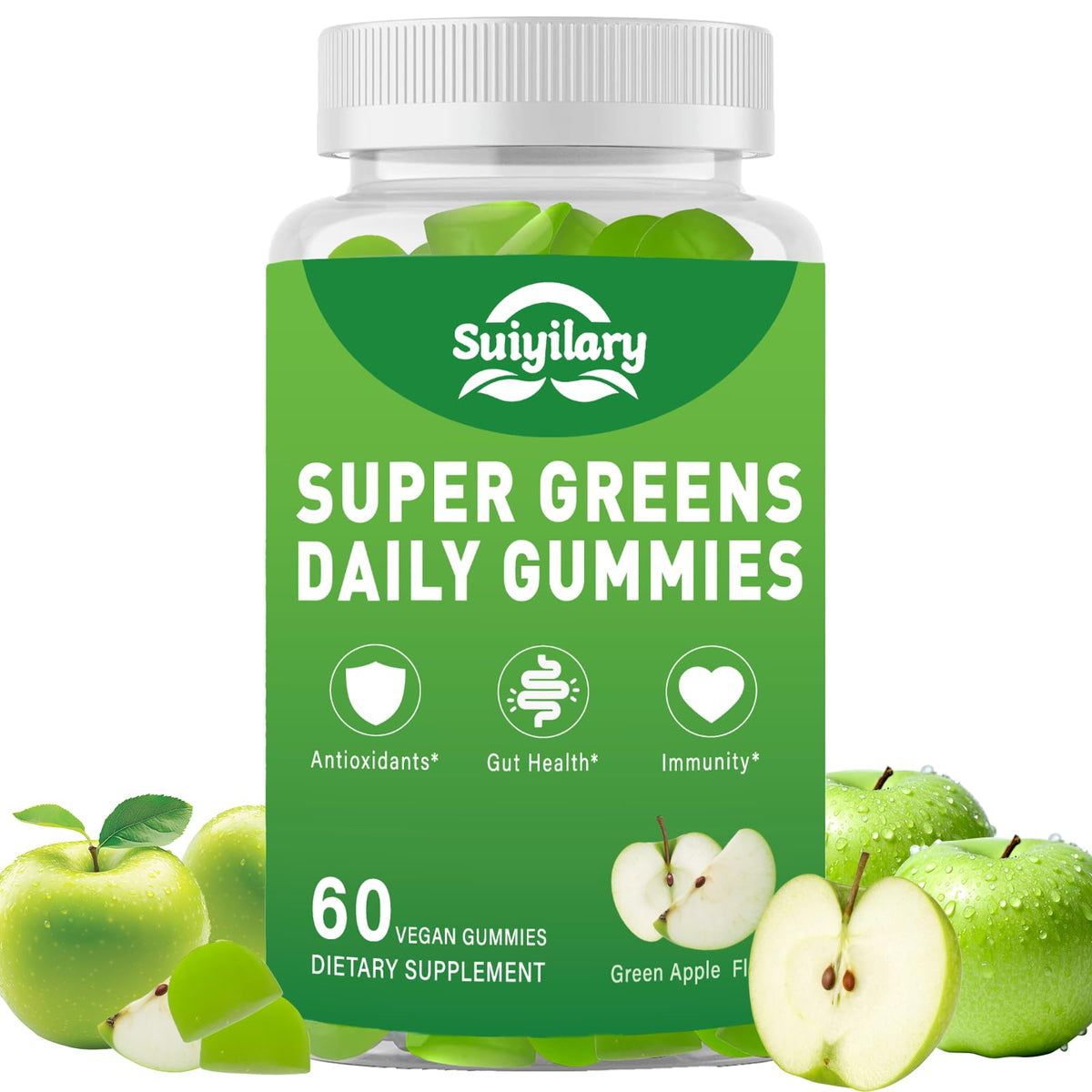 Boîte Suiyilary Supergreens Gummies – source pratique de vitamines quotidiennes et superaliments.