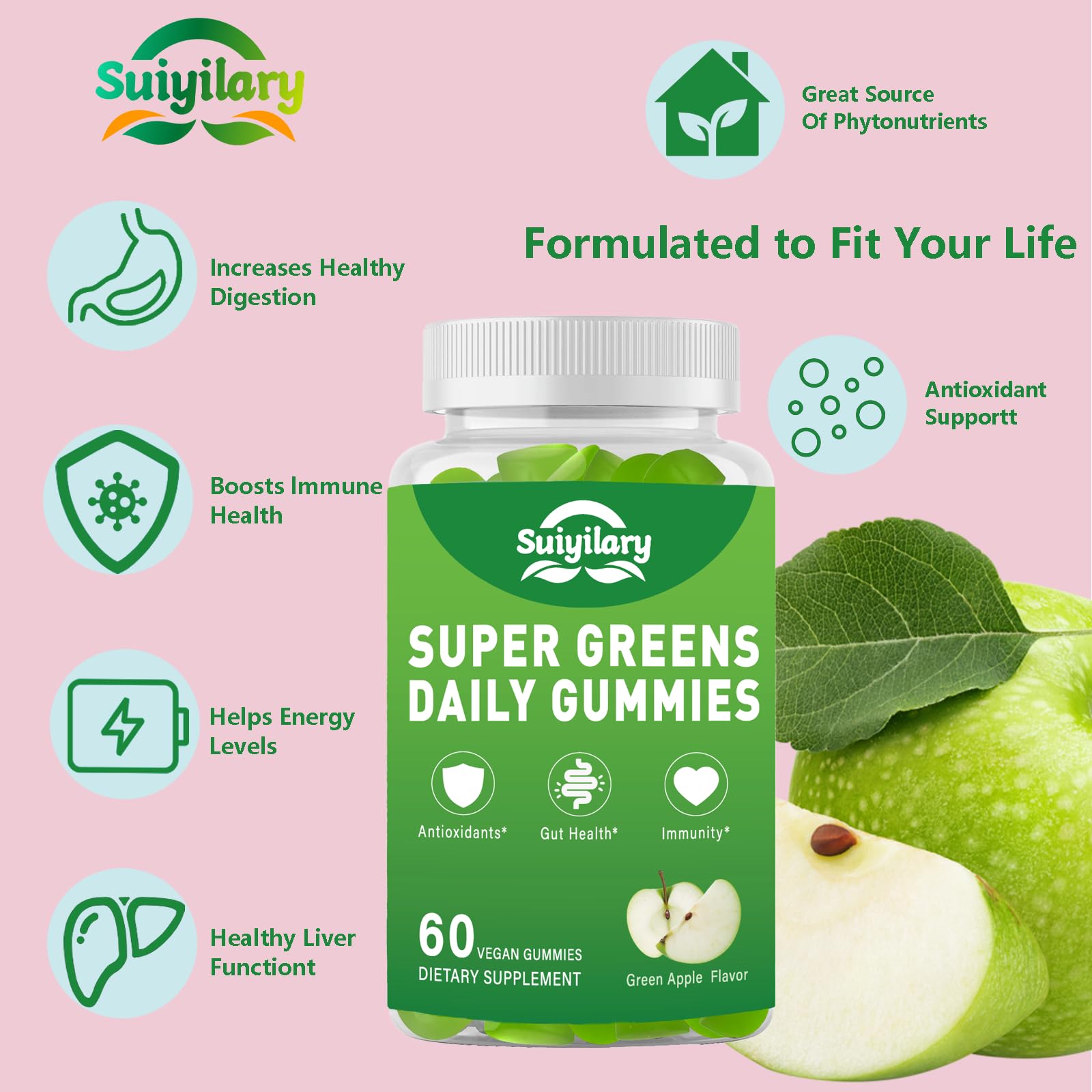 Bouteille Suiyilary Supergreens Gummies – accès rapide à une routine bien-être.