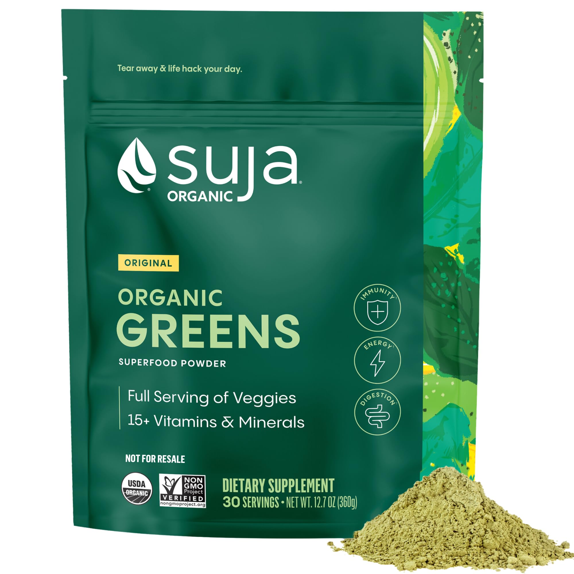 Poudre Suja Greens emballage : source pratique de superaliments au quotidien.
