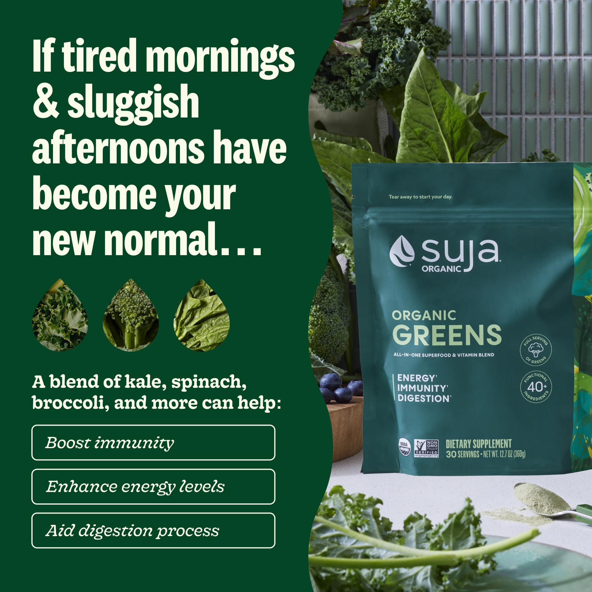 Ingrédients verts frais et spiruline dans Suja Greens Poudre.