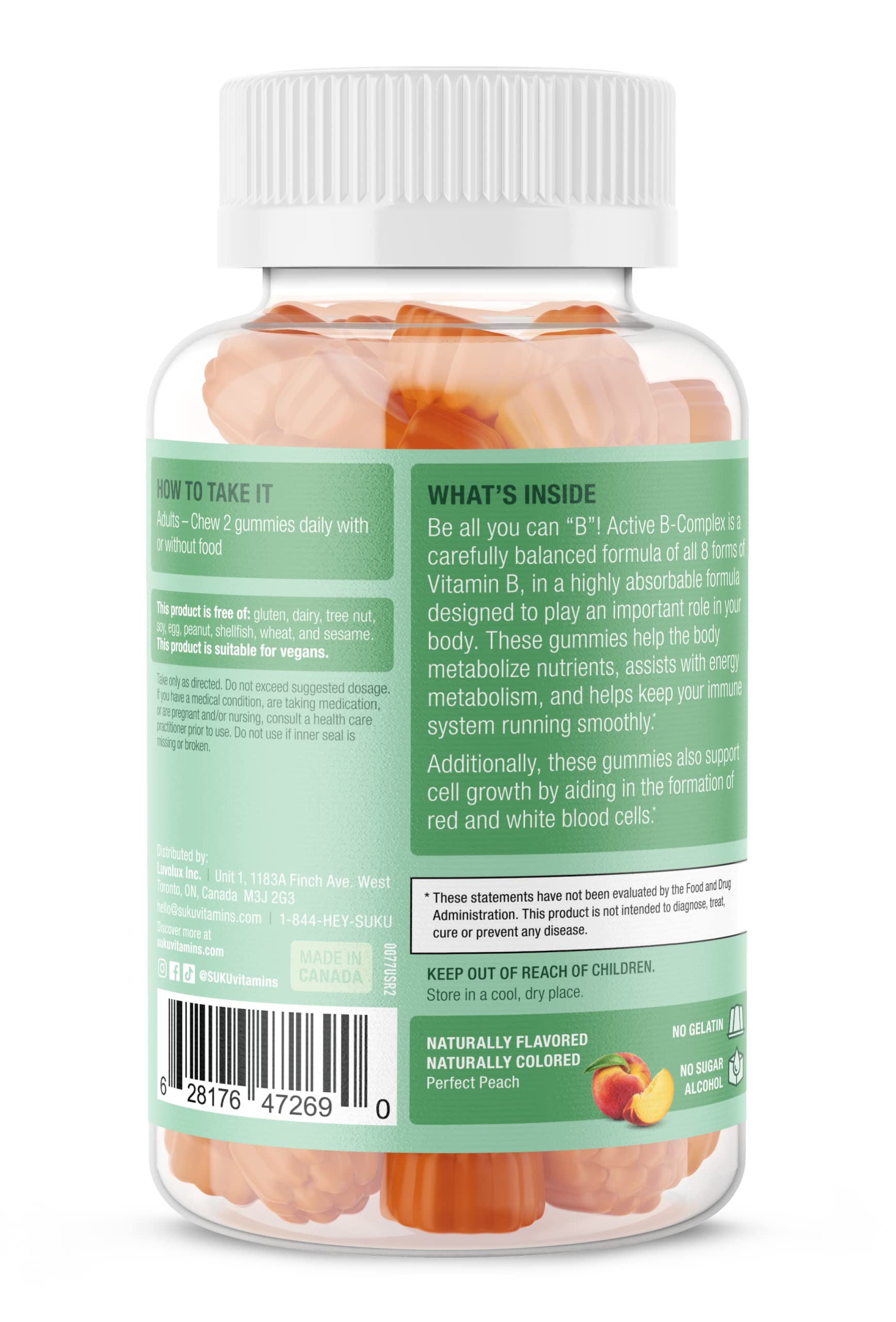 SUKU Complexe B gommes boites etiquette, informations sur les ingredients végan