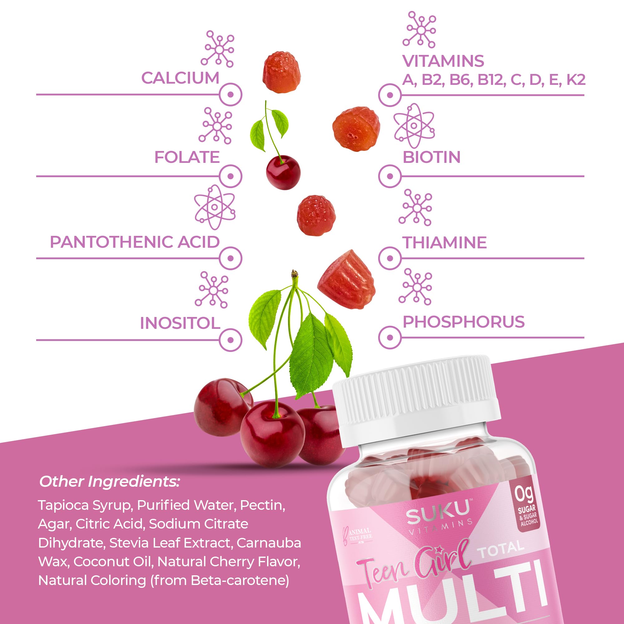 Étiquette SUKU cerise – nutriments clés pour la peau et le système immunitaire.