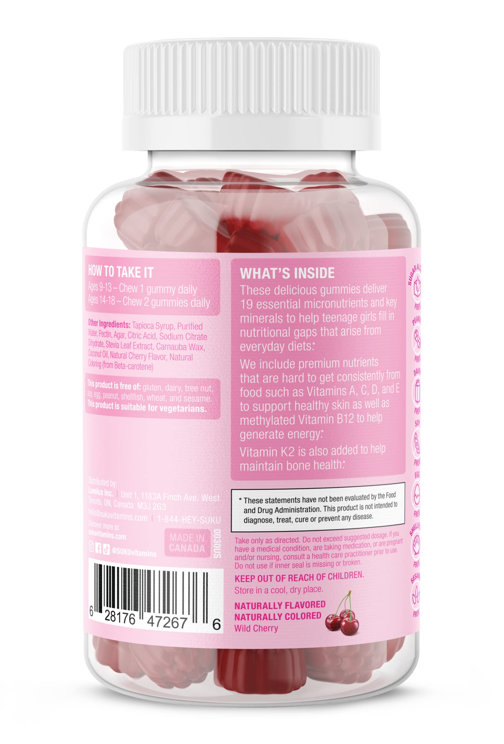 Gommes SUKU cerise – texture fruitée et formule végétarienne en gros plan.