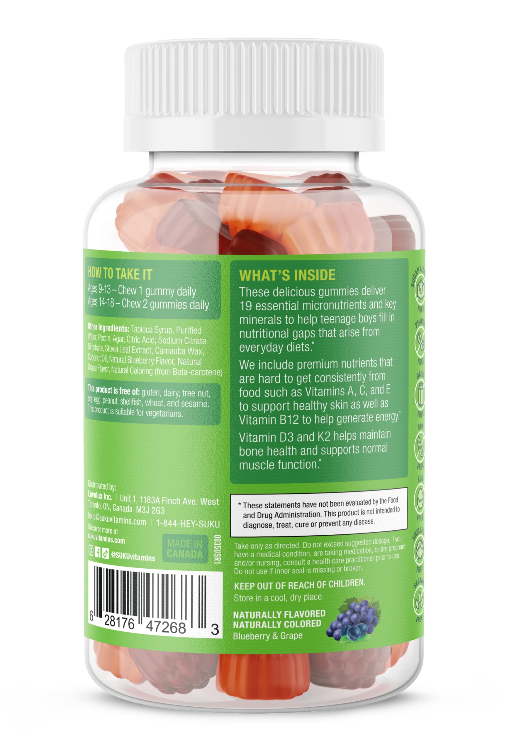 Gommes SUKU ado gout raisin, note fruitée, énergie et concentration potentielles pour l'adolescence.