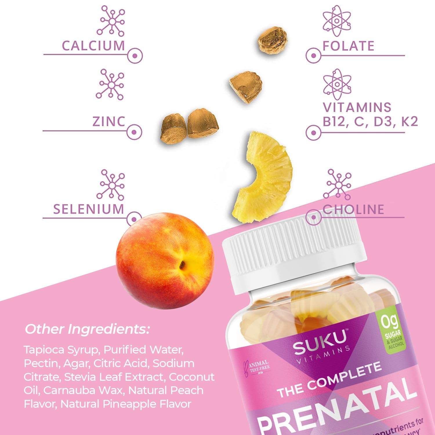 SUKU prénatales gummies ingrédients sans sucre et sans gluten.
