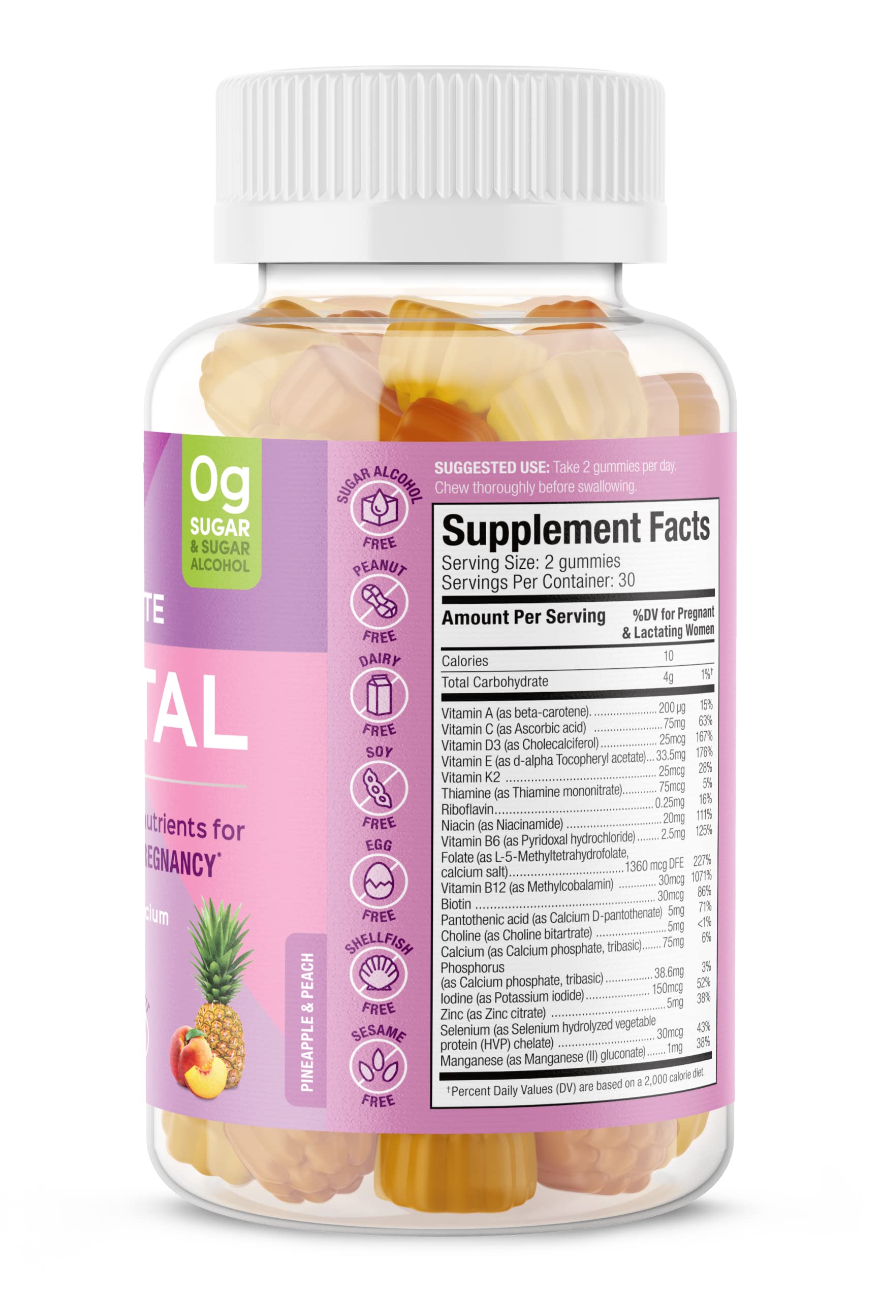 SUKU prénatales gummies près du bouchon, dosage pratique.
