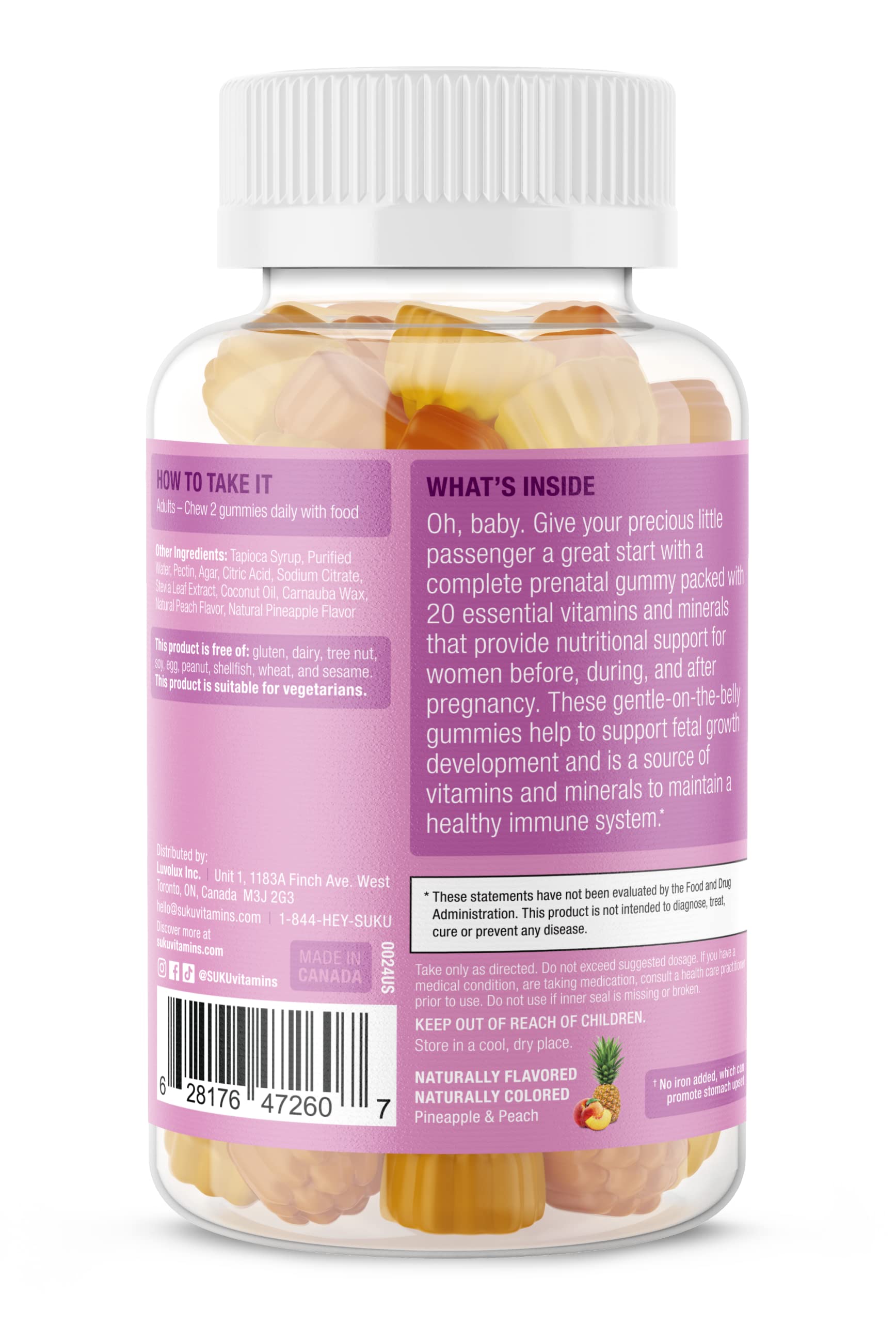 SUKU prénatales gummies saveur Ananas-Pêche, goût agréable.