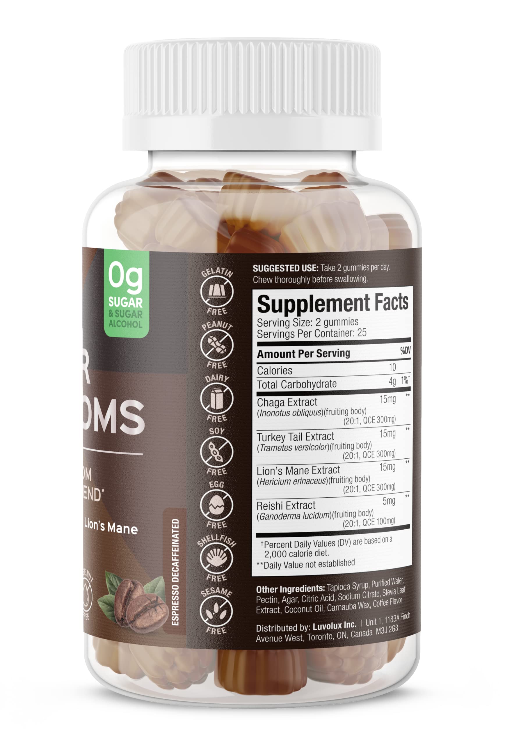 Ingrédients SUKU Vitamins avec champignons adaptogènes, potentiels soutiens pour l’attention.