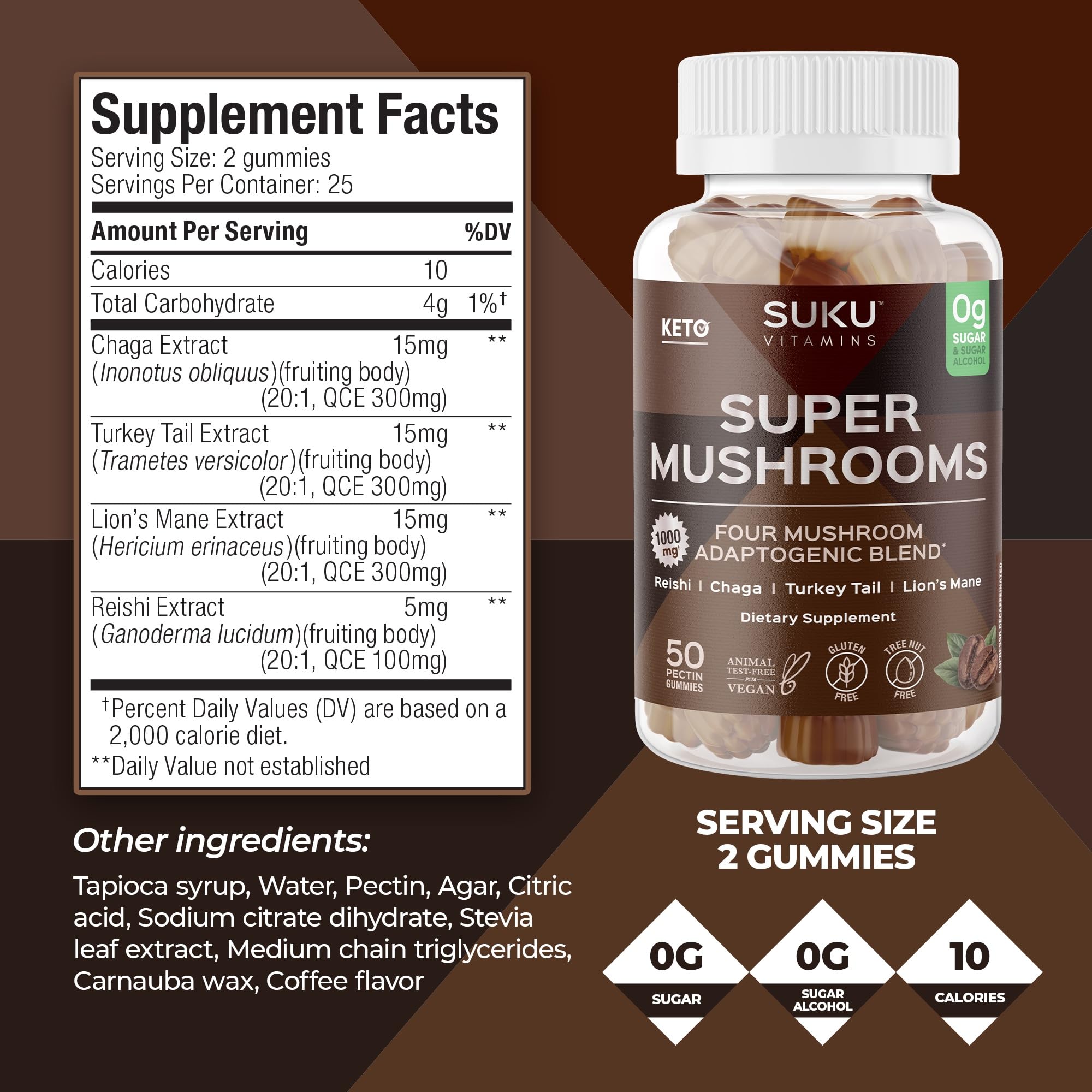 Champignons adaptogènes SUKU: Reishi, Chaga, Turkey Tail et Lion’s Mane.