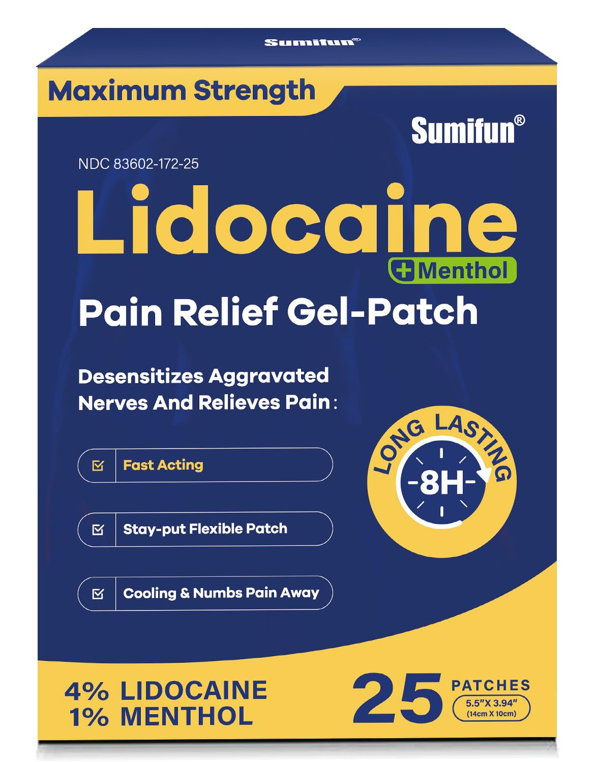 Patch Sumifun lidocaïne-menthol sur l’emballage prêt à l’emploi pour soulagement ciblé.