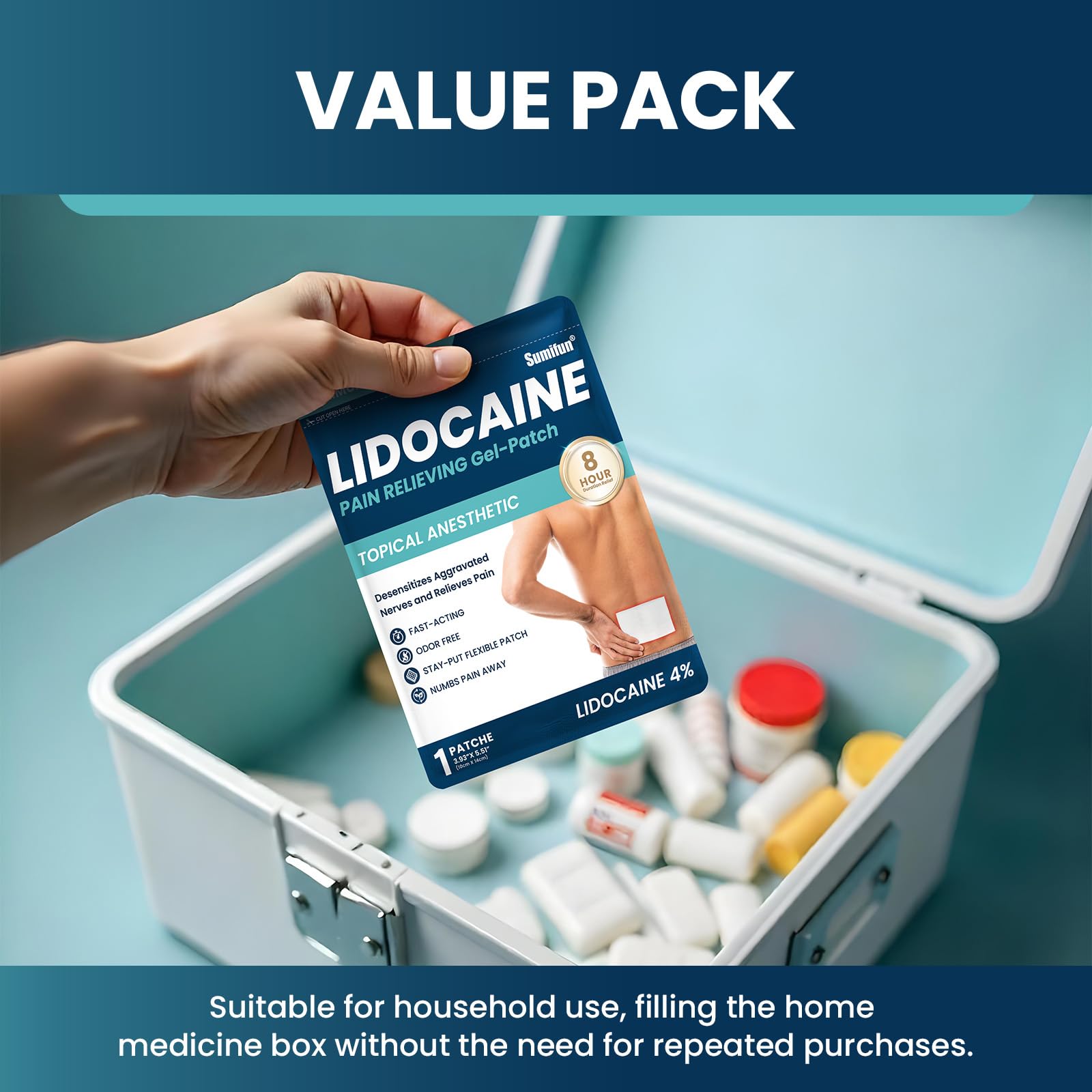 Sumifun patch lidocaïne 4% pour les articulations, confort lors des activités quotidiennes.