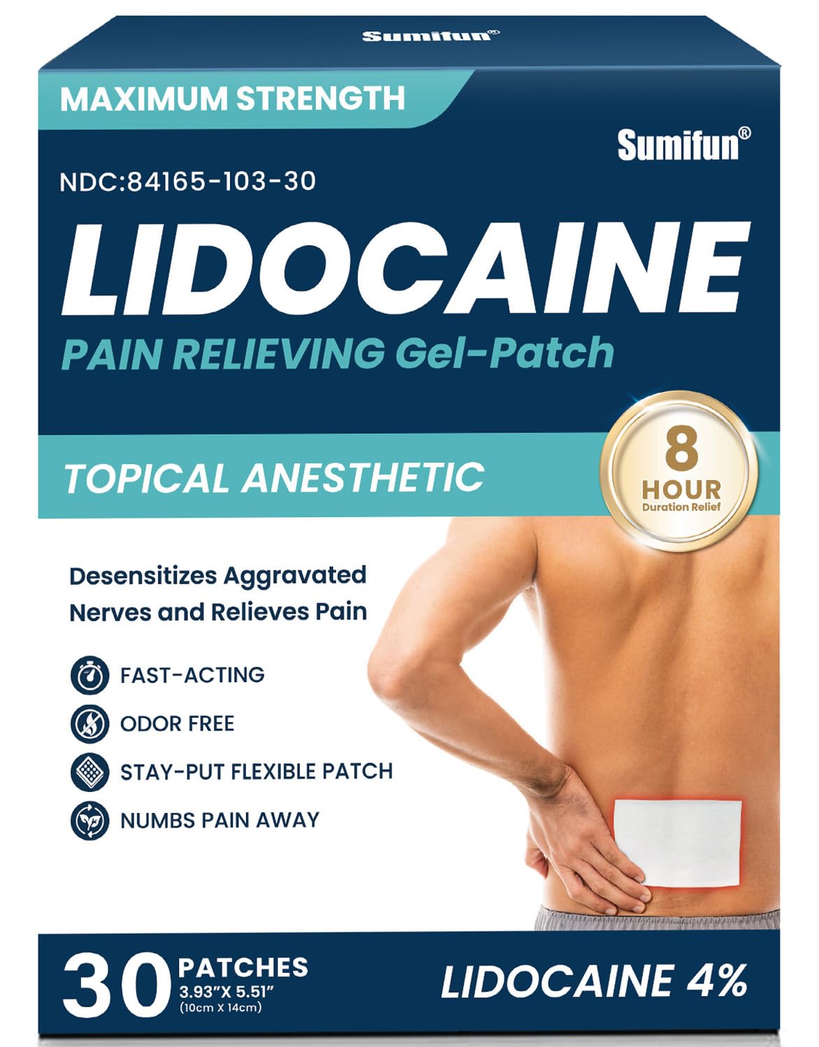 Sumifun patch lidocaïne 4% sur le dos, soulagement rapide et discret.