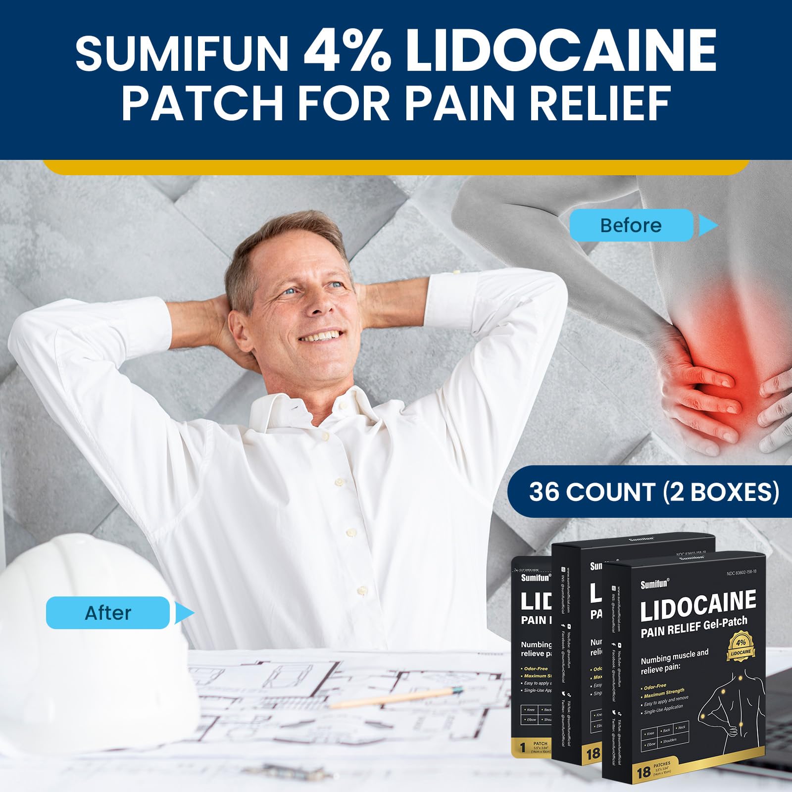 Sumifun lidocaïne 4% patch mollet, détente après l’effort.