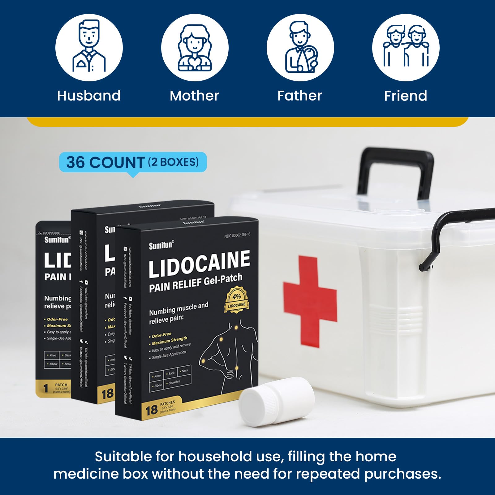 Sumifun lidocaïne 4% patch torse, adhérence simple et efficace.