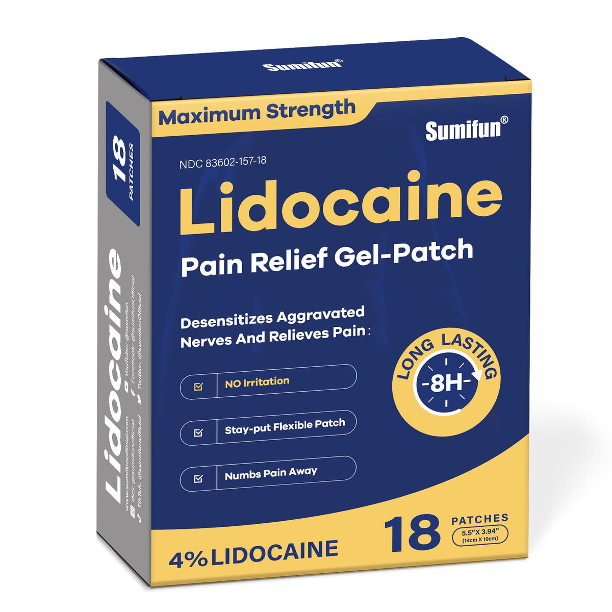 Patch Sumifun lidocaïne 4% en cours d application pour soulager une douleur musculaire localisée