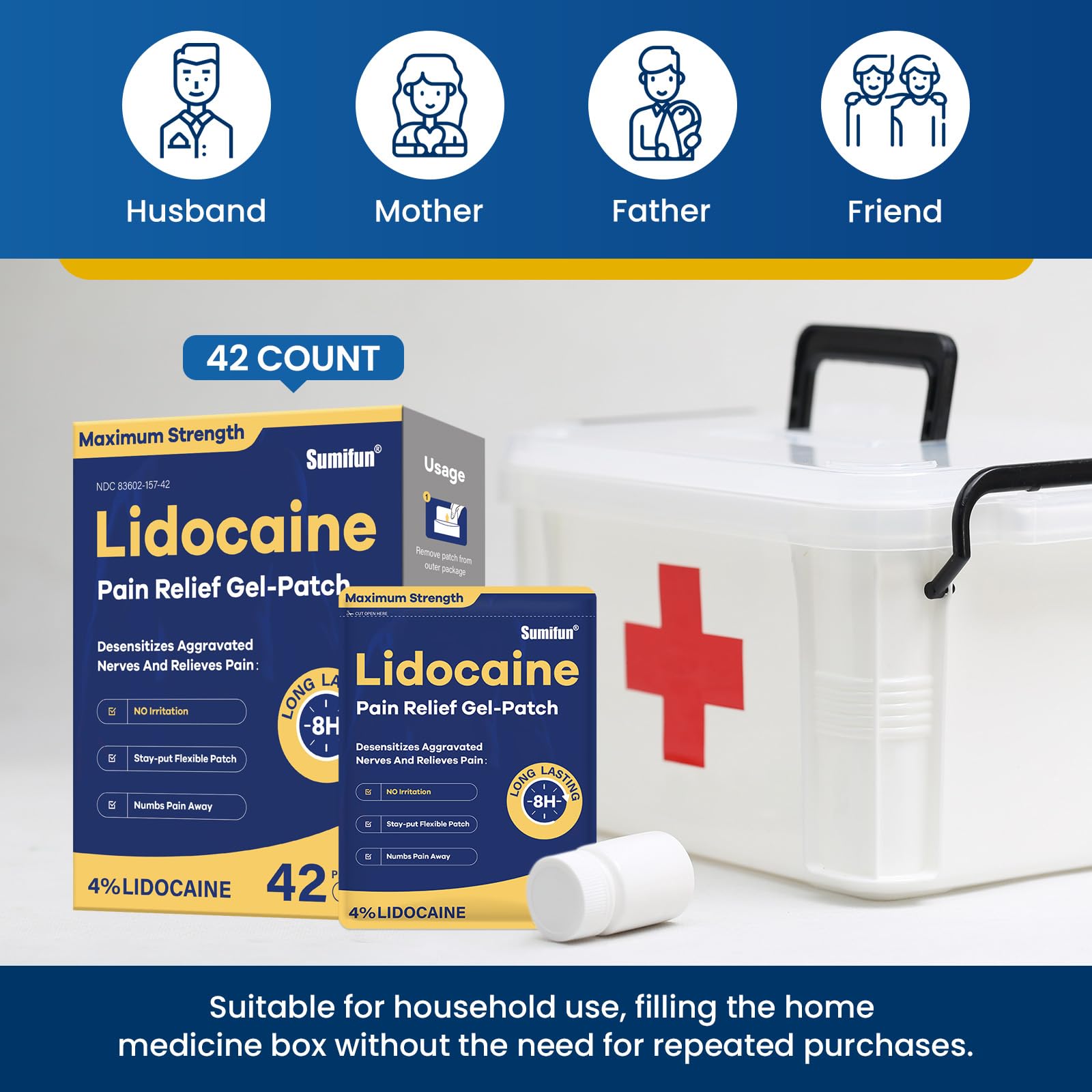 Pansement Sumifun lidocaïne 4% adhésif et flexible au contour du corps.