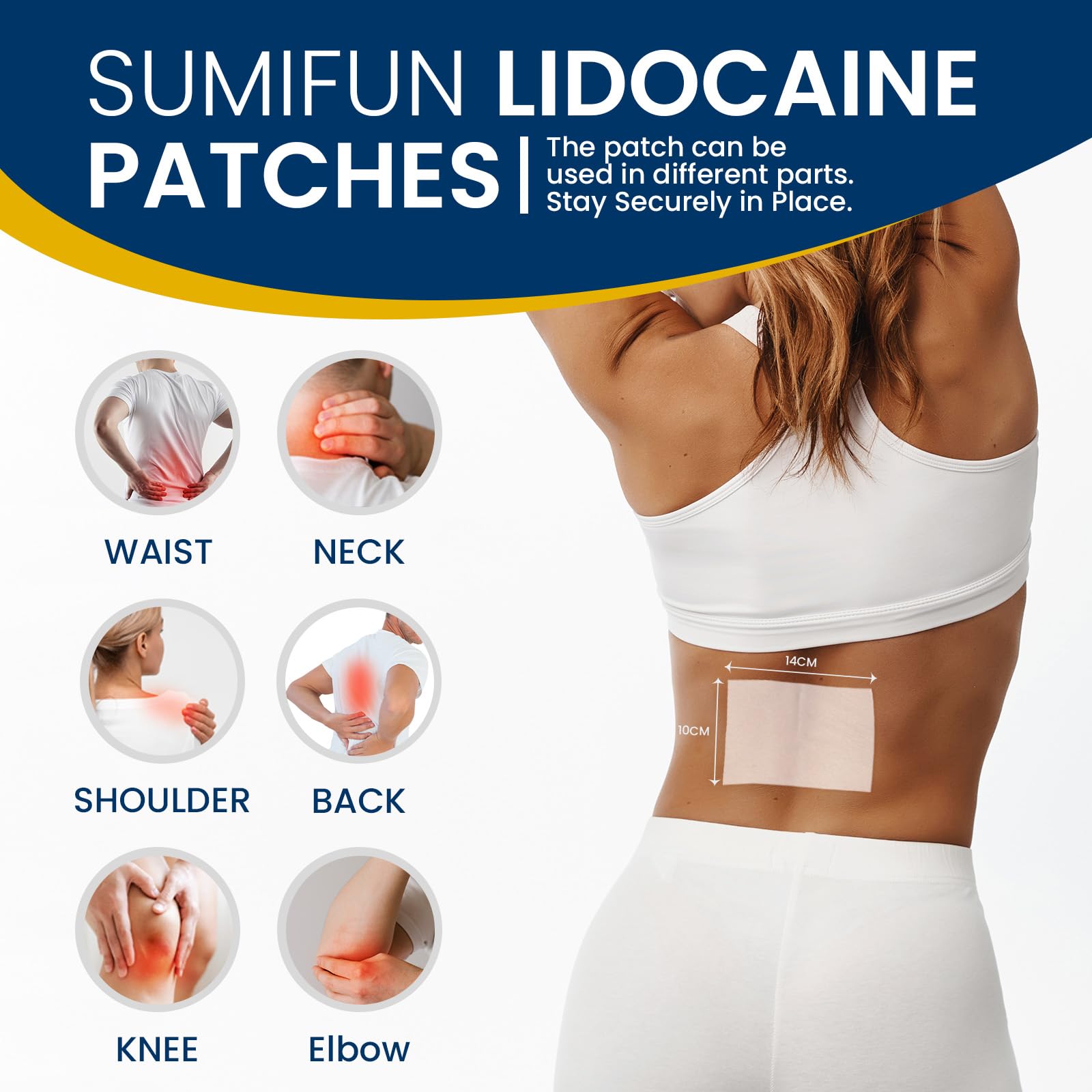 Patch Sumifun lidocaïne 4% sur le coude, utilisation pratique
