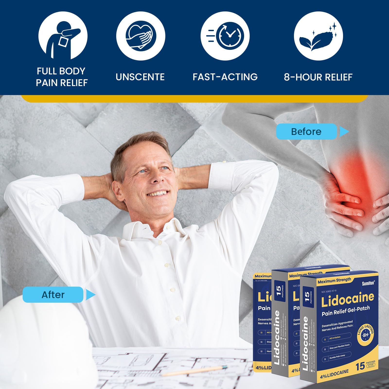 Patch Sumifun lidocaïne 4% sur le genou, soulagement temporaire