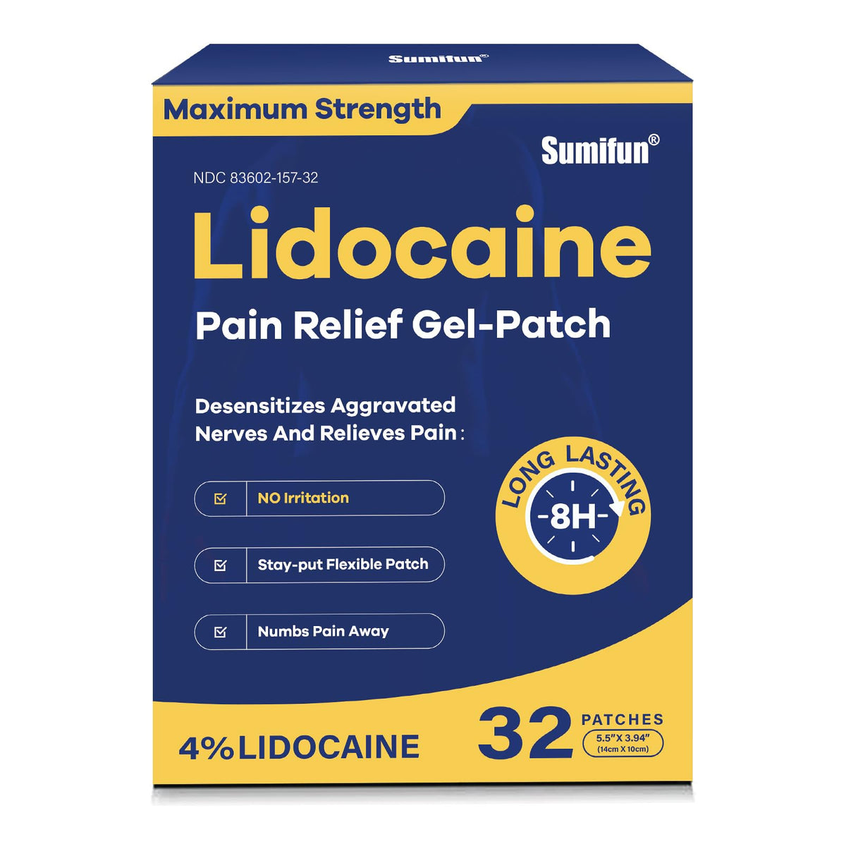 Sumifun patch lidocaïne 4% sur le dos, soulagement temporaire potentiel.
