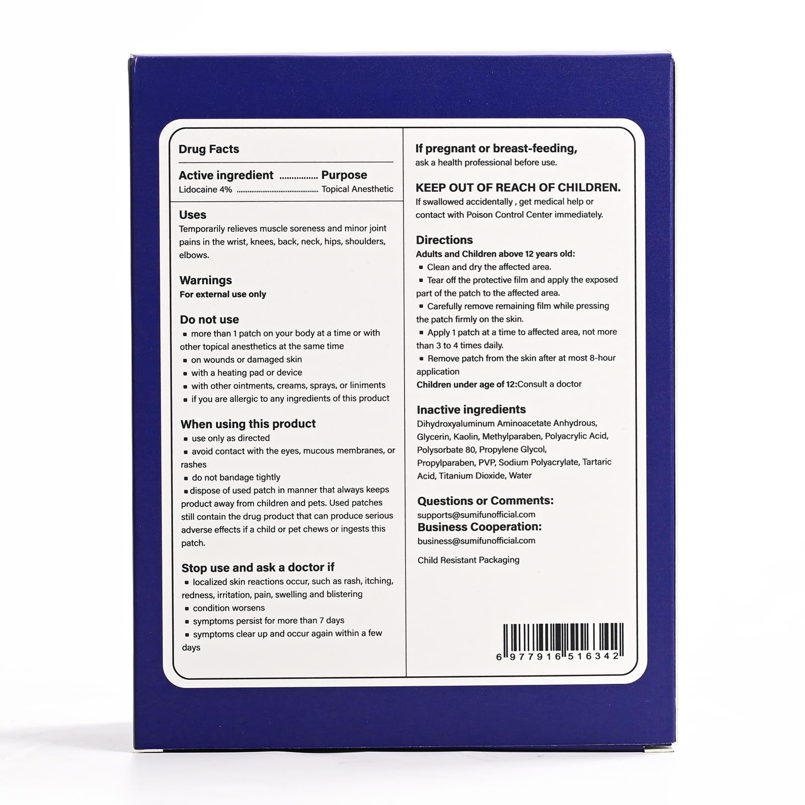 Sumifun patch lidocaïne 4% emballage sterile, prêt à l’emploi.