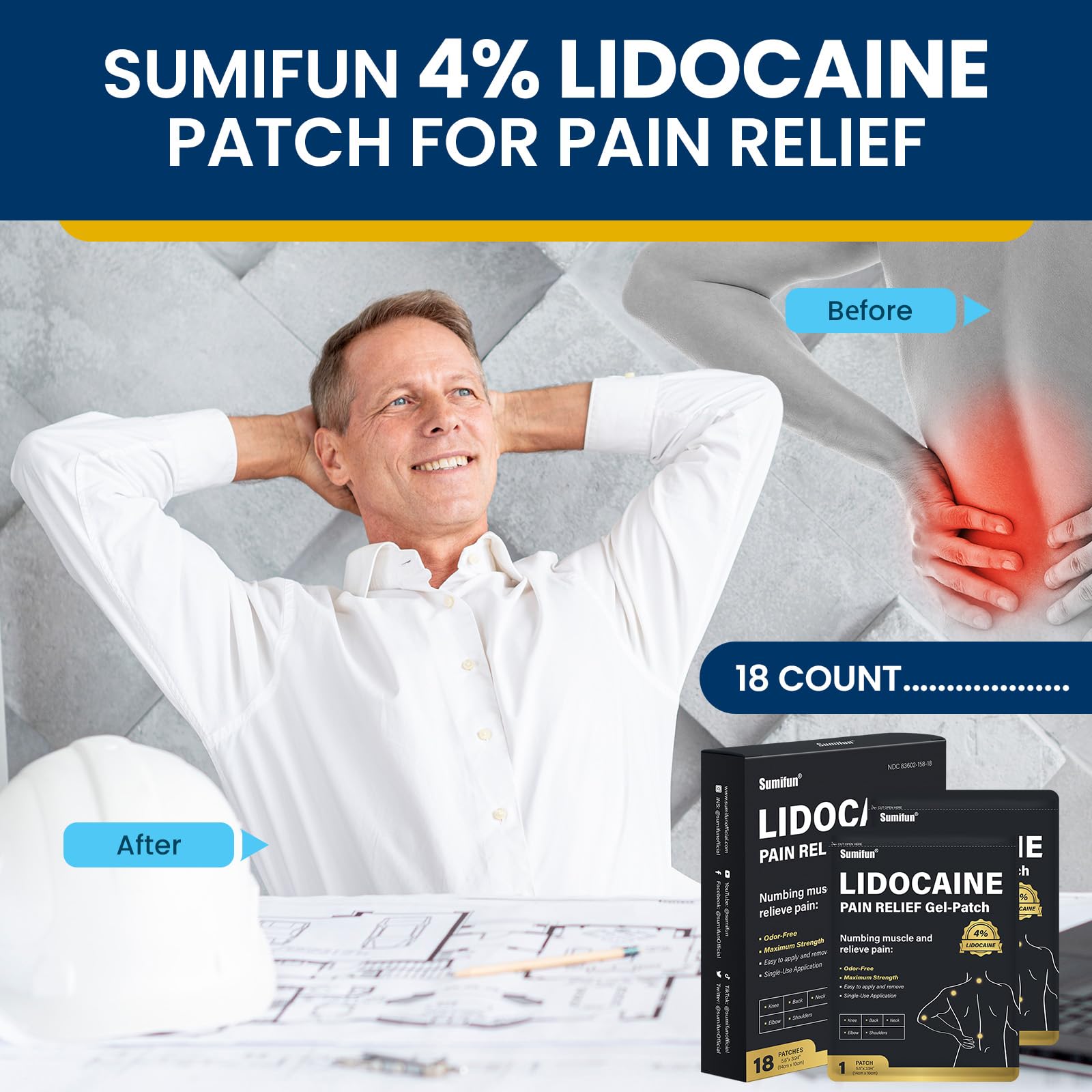 Sumifun patch lidocaïne 4% sur l'épaule pour soulager les douleurs musculaires.
