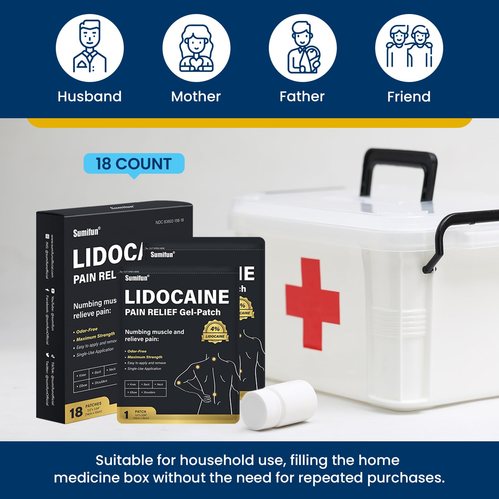 Sumifun patch lidocaïne 4% sur la nuque pour soulagement local.