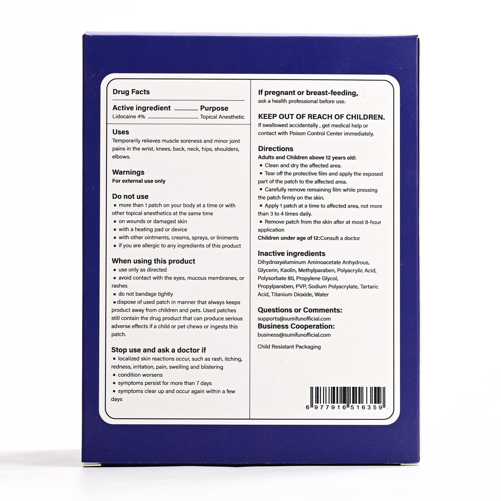 Pansement lidocaïne hydrogel Sumifun, matrice de diffusion contrôlée.