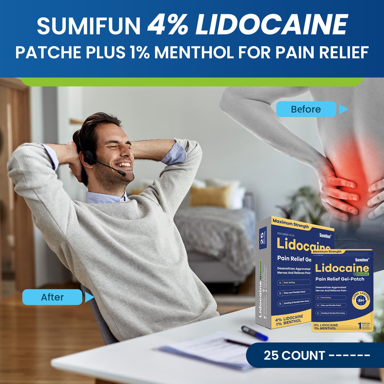 Patch Sumifun lidocaïne-menthol appliqué sur le cou pour tension musculaire.