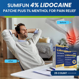 Patch Sumifun lidocaïne-menthol appliqué sur le cou pour tension musculaire.