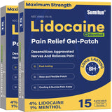 Patch Sumifun lidocaïne 4% et menthol 1% appliqué sur le dos pour soulagement local.