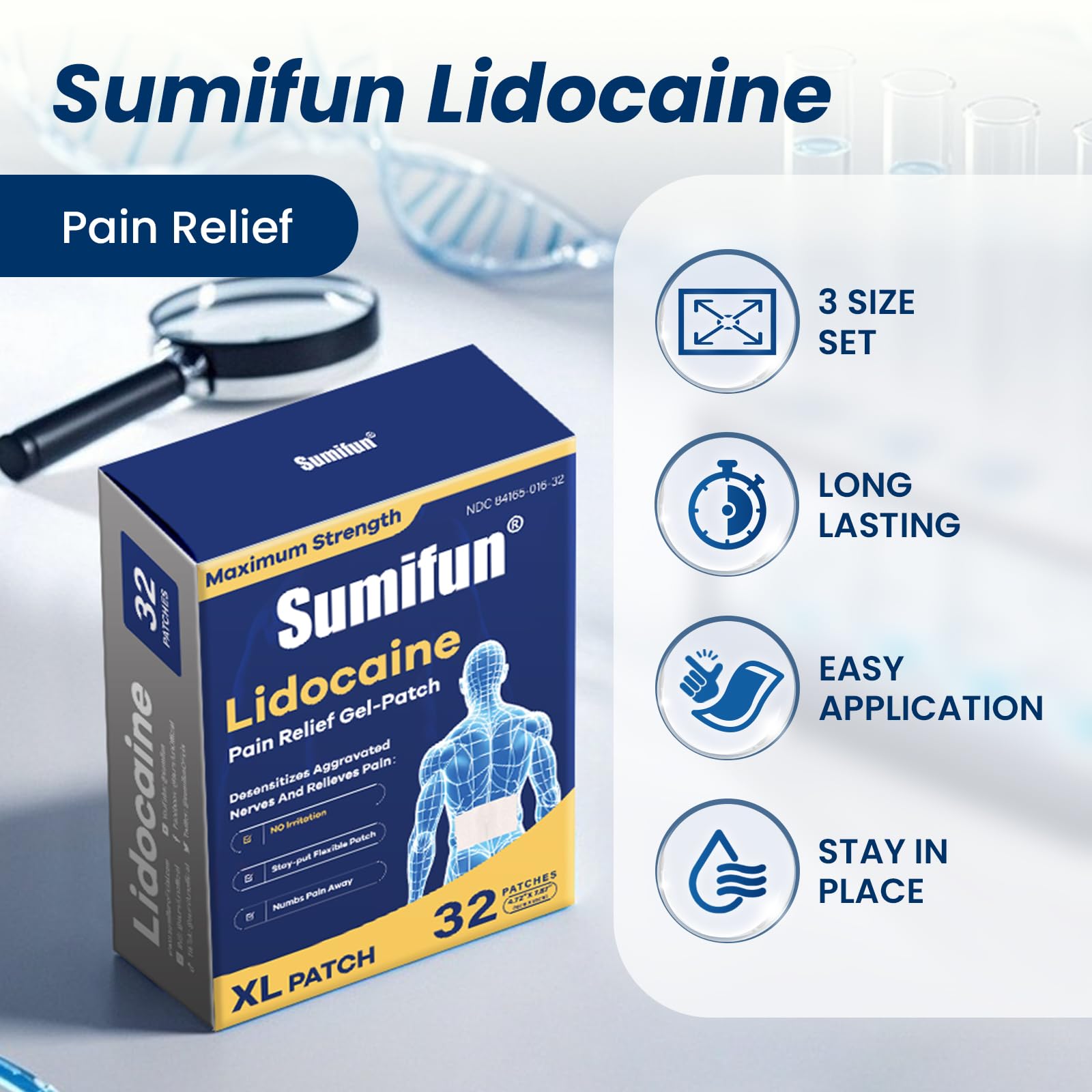 Sumifun XL patch lidocaïne, hydrogel flexible et hypoallergénique, confort sur la peau.