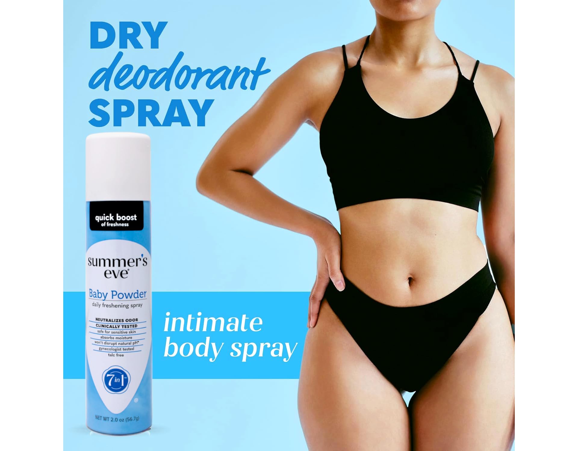 Spray sans talc Summer's Eve, douceur adaptée à la peau sensible.