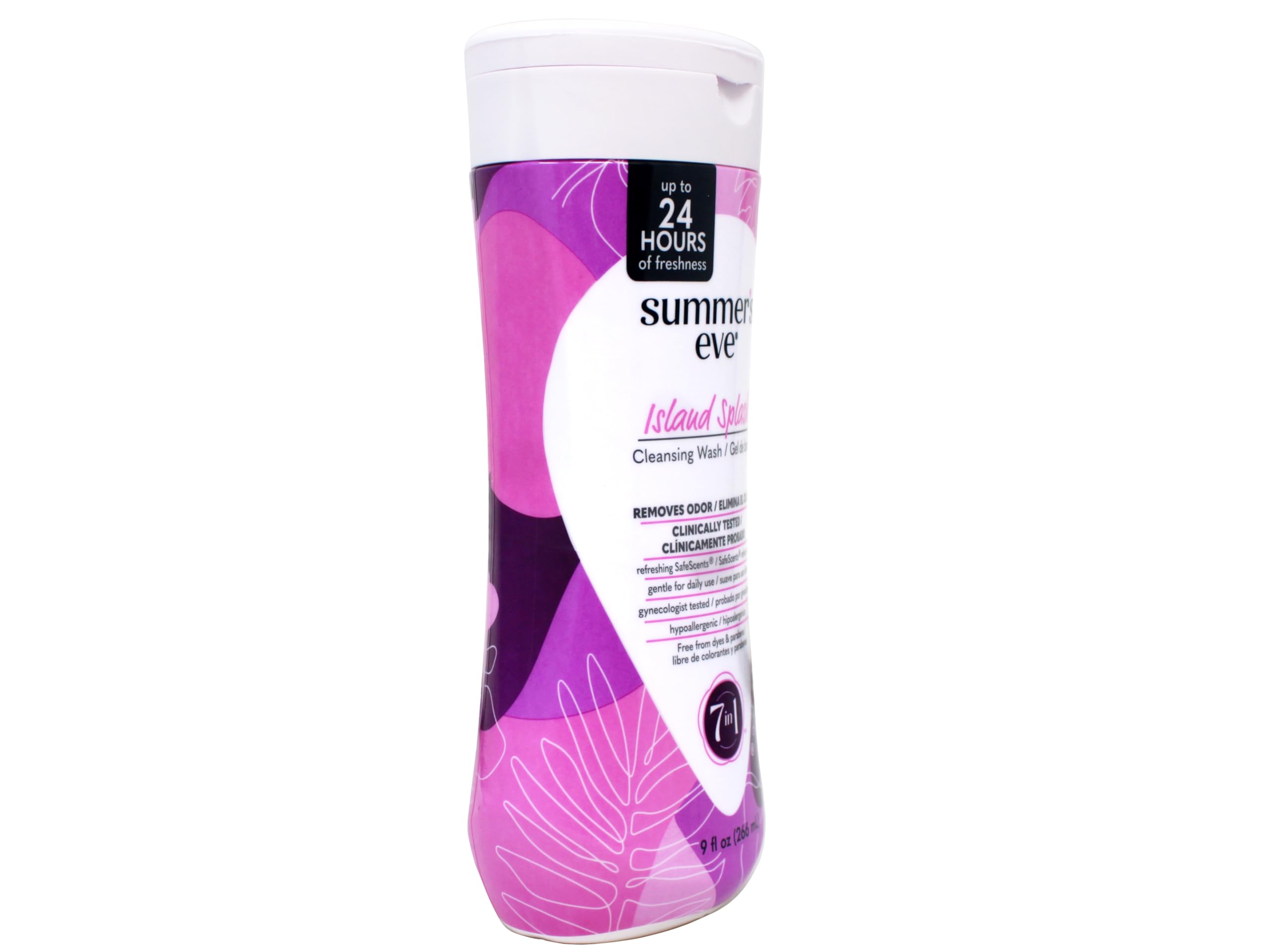 Summer's Eve Island Splash - étiquette indiquant parfum tropical léger et rafraîchissement