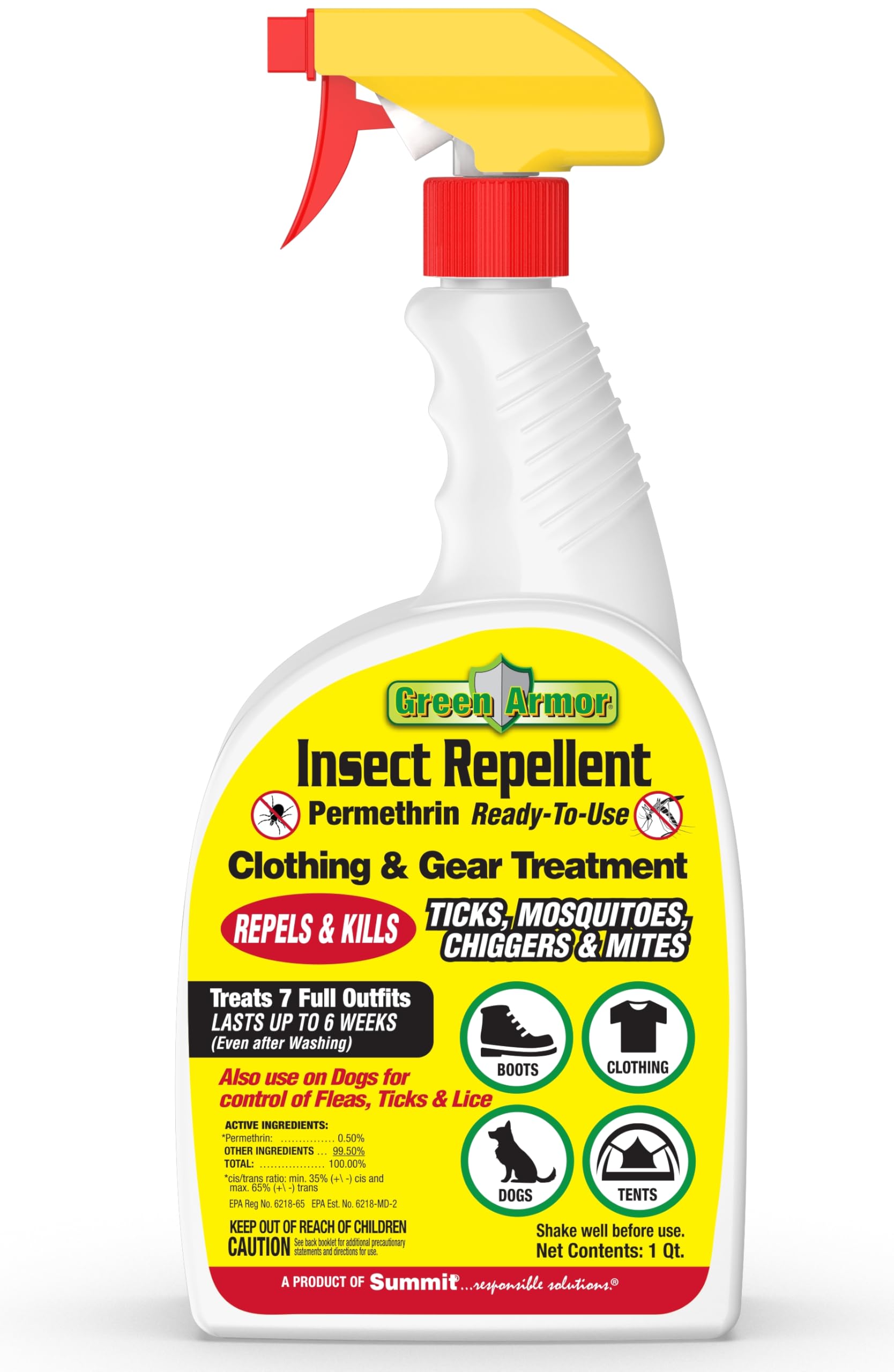 Summit Green Armor, pulvérisateur perméthrine RTU, protection longue durée contre les tiques et moustiques.