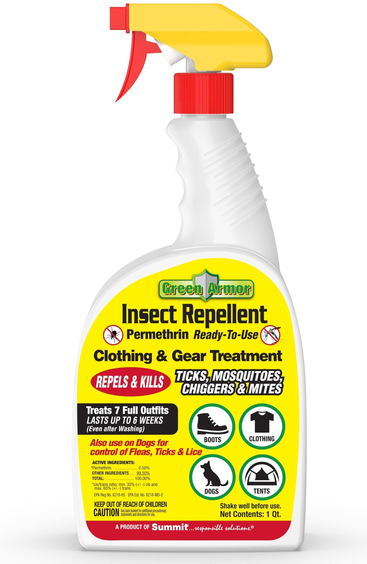 Summit Green Armor, pulvérisateur perméthrine RTU, protection longue durée contre les tiques et moustiques.