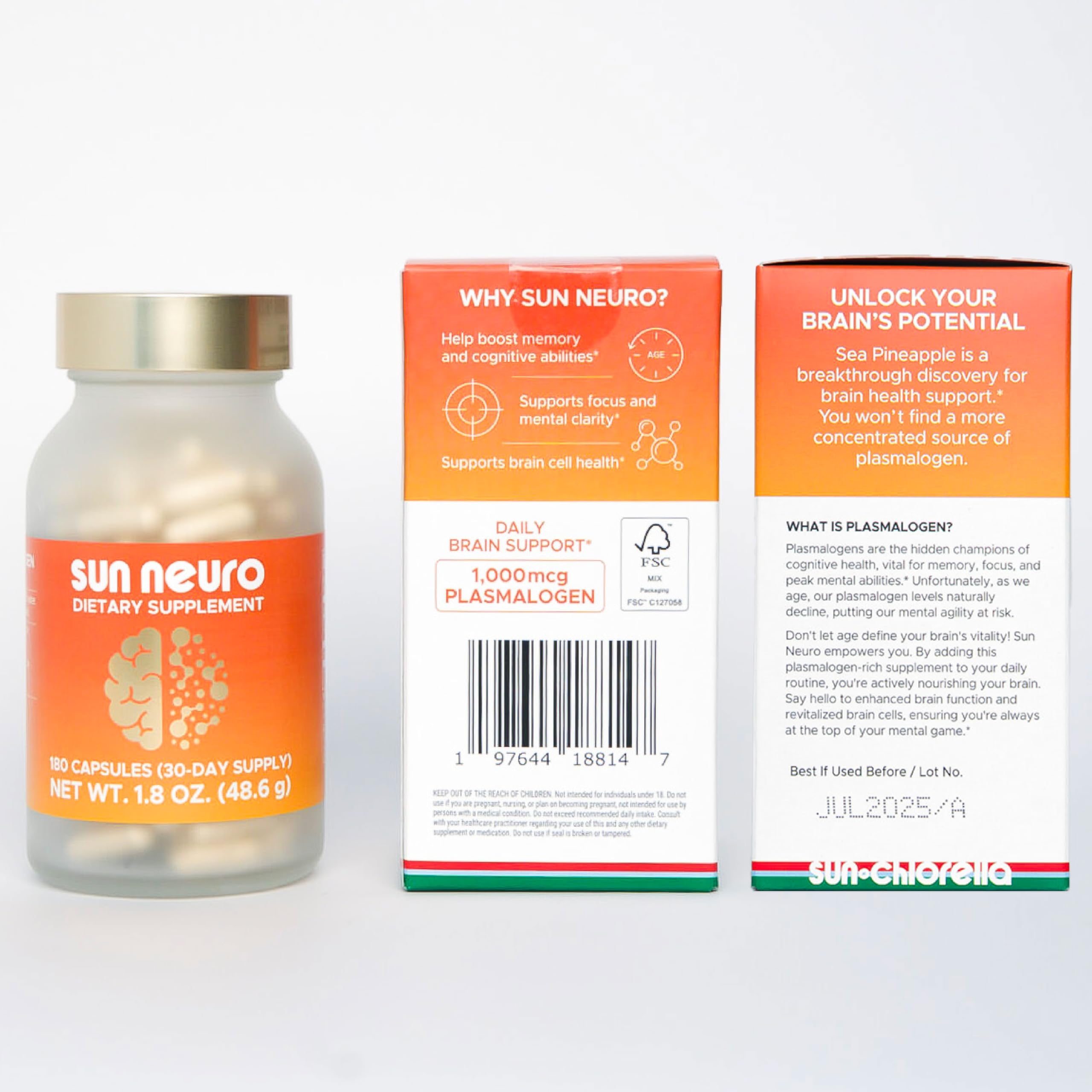 Sun Chlorella Sun Neuro: illustration nature et plasmalogènes marins pour le soutien cognitif.