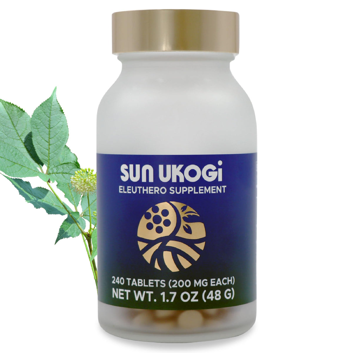 Sun Chlorella Sun Ukogi Eleuthero racine et bouteille, prêt pour la routine bien-être.