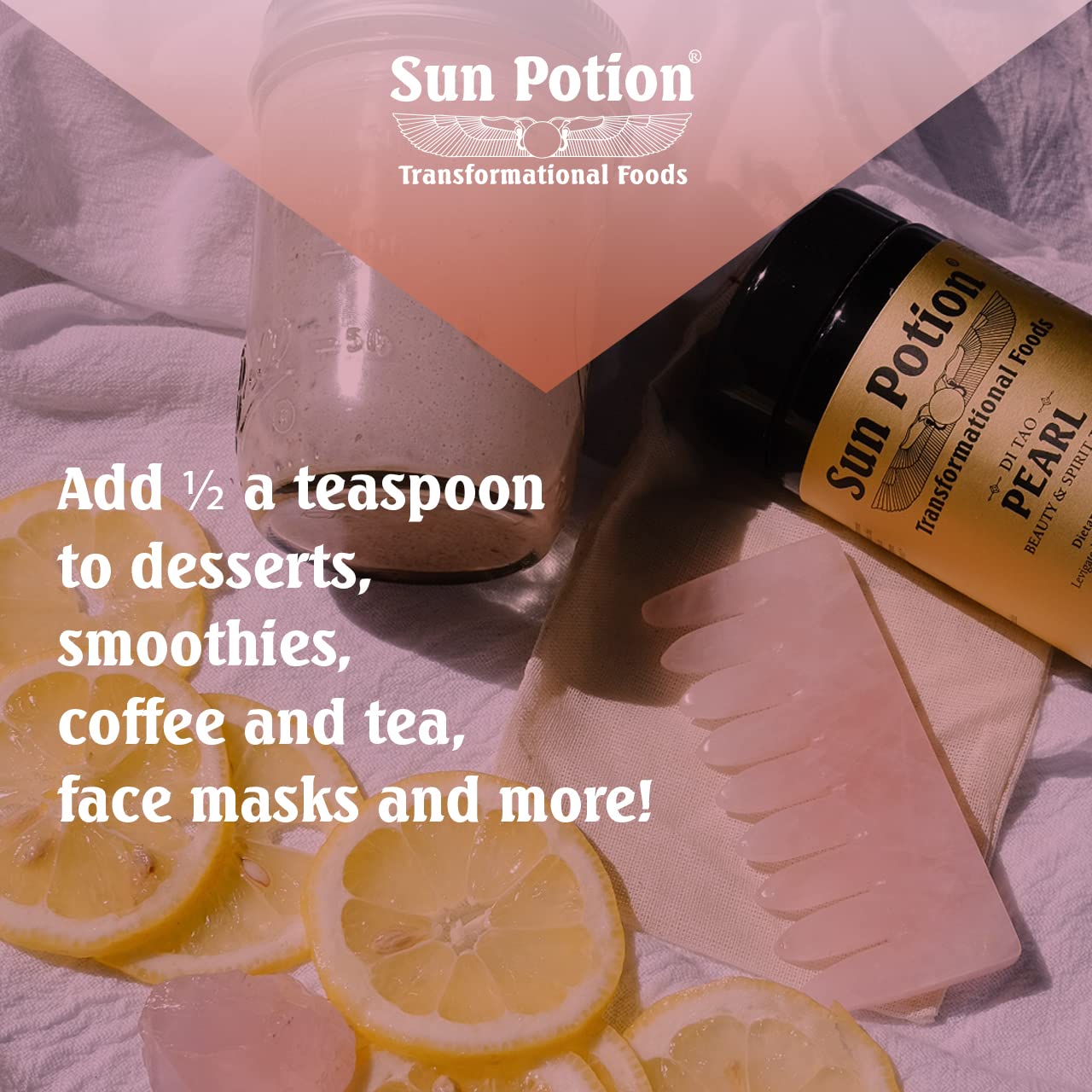 Sun Potion poudre perle traitement peau maison, routine beauté naturelle.