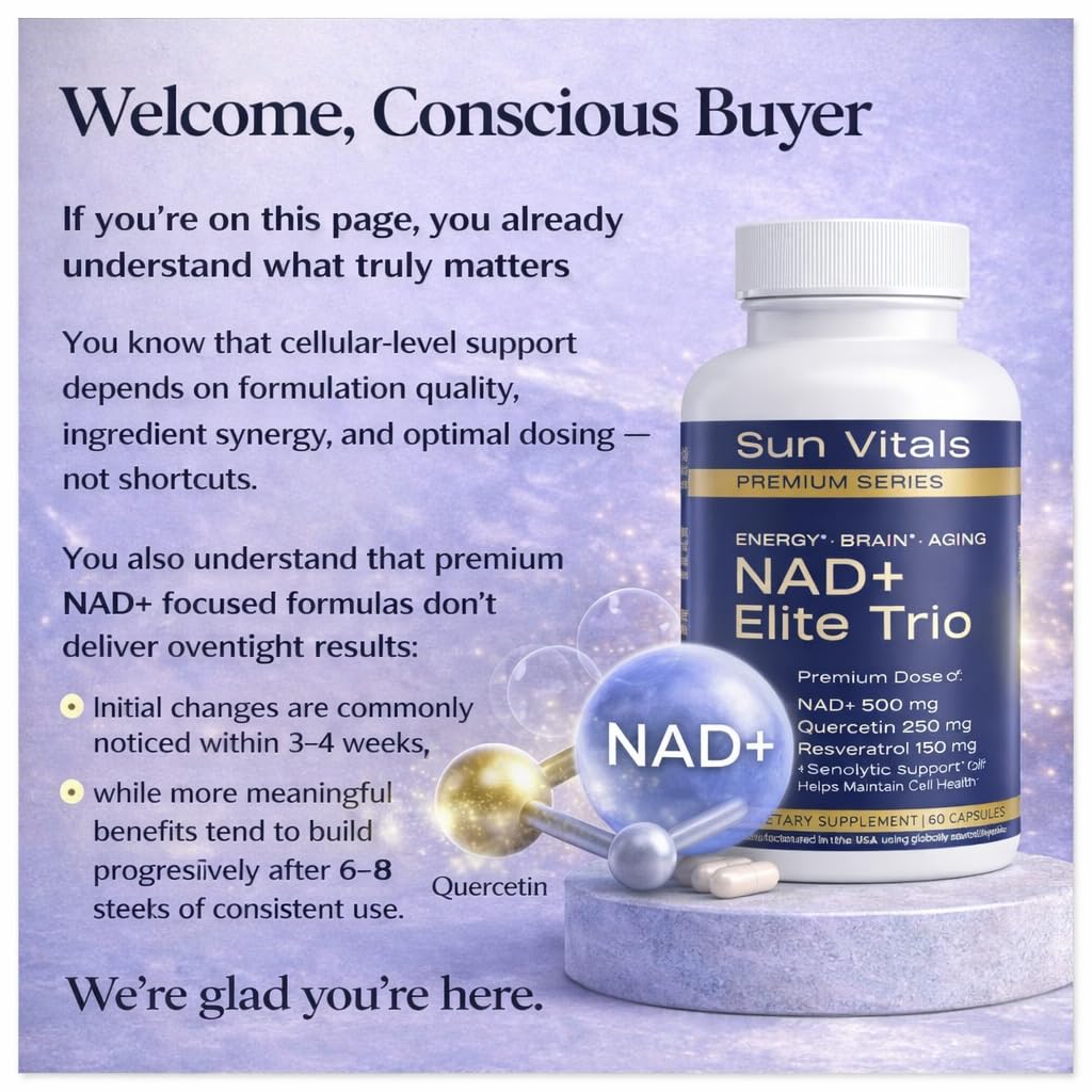 Sun Vitals NAD+ Elite Trio 500 mg – étiquette claire indiquant les ingrédients clés.
