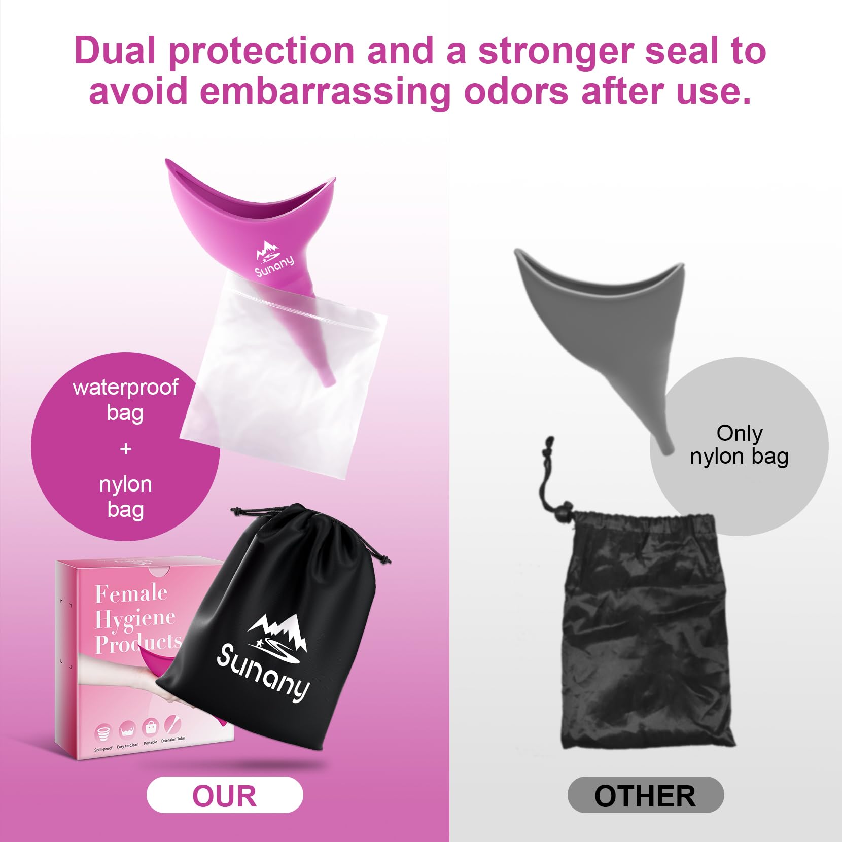 Sunany urinal féminin en silicone avec embouchure longue pour visée précise.