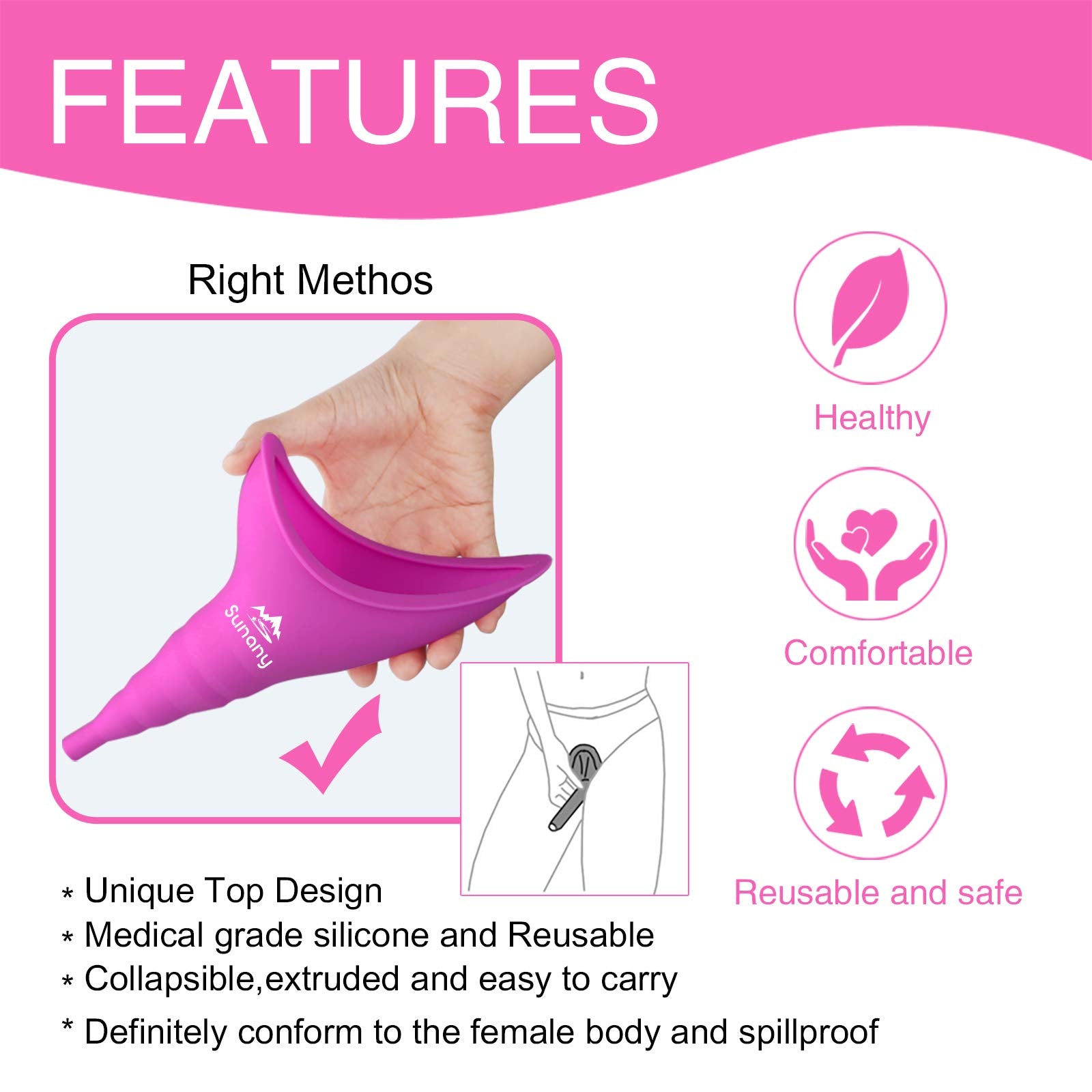 Sunany urinal féminin silicone pour utilisation assise dans espaces restreints.
