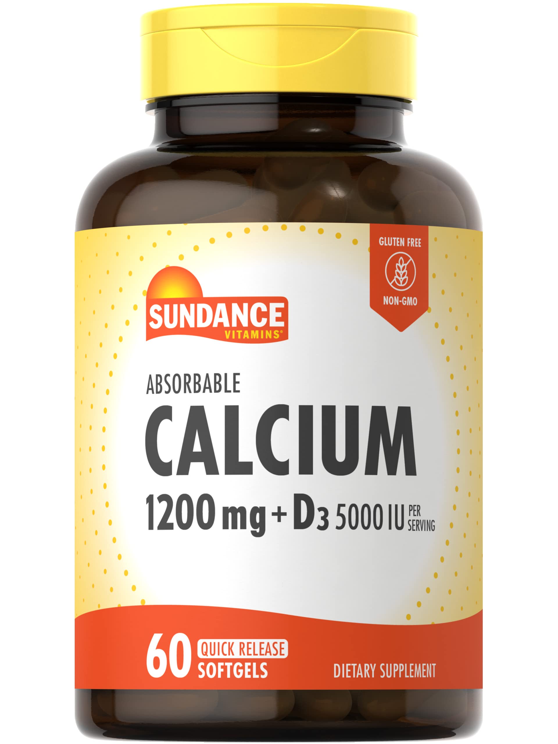 Gélules Sundance Calcium 1200 mg et D3 5000 UI en bouteille, soutien quotidien.
