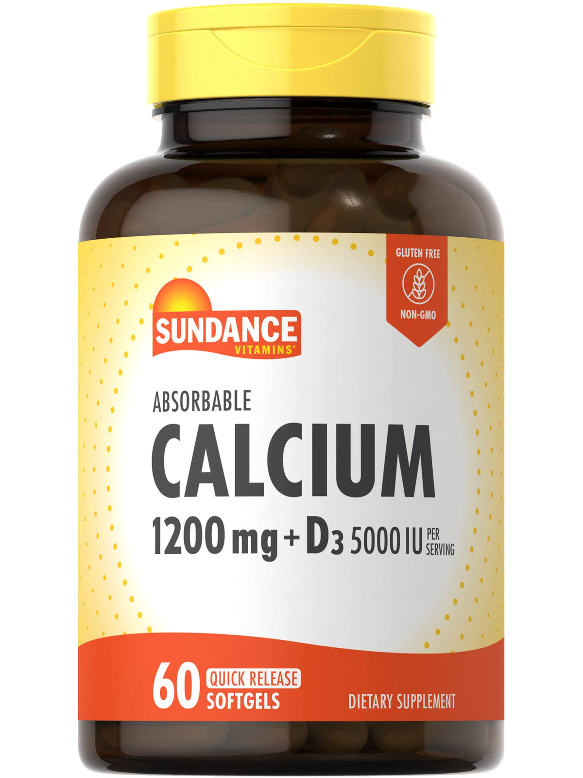 Gélules Sundance Calcium 1200 mg et D3 5000 UI en bouteille, soutien quotidien.